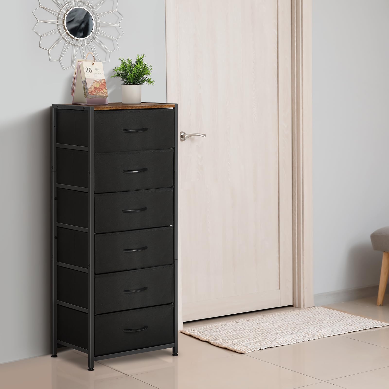 MOOACE Dresser for Bedroom, Black Tall Dresser with 6 Drawers, Fabric Storage Tower, Steel Frame and Wood Top, Storage Drawers Chest of Drawers for Bedroom, Hallway, Entryway