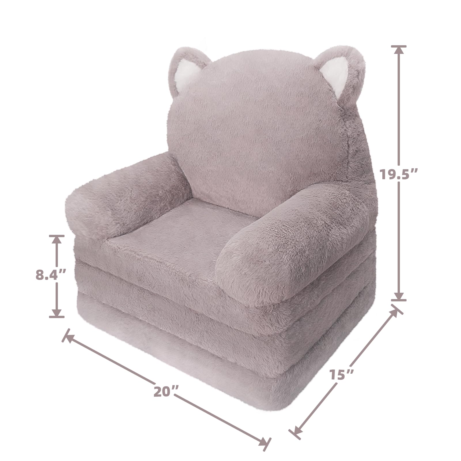 QIUODO Toddler Chair Plush with Removable Cover, Kids Sofa Bed to Lounger, Comfy Kids Couch for Kids Age 18 Months and Up(Grey Kitty)