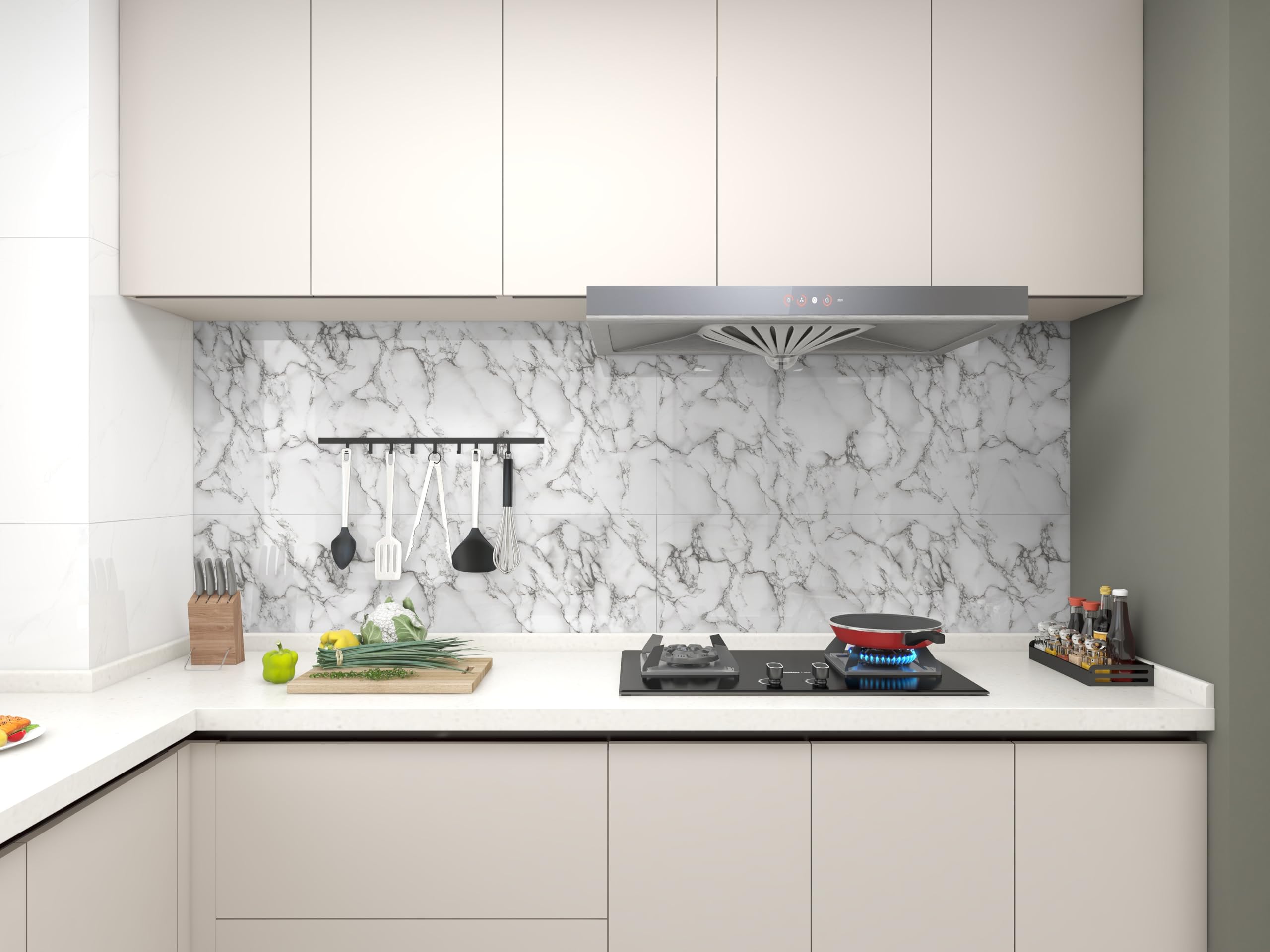 Decoroom Marble Contact Paper 17.71''×118''，White Grey Peel and Stick Wallpaper，Glossy Self Adhesive Marble Granite Paper for Kitchen Countertops Cabinets