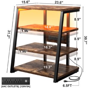 armocity 4-Tier AV Media Stand with Power Strips, Corner TV Stand with LED Lights, Rack Audio Tower with Adjustable Shelves, Corner Entertainment Center, 30'', Rustic Brown