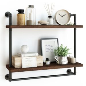 fixwal 2 tier over the toilet storage, 24in bathroom shelves wall mounted, rustic wood industrial pipe shelf, floating shelf for bathroom, living room, kitchen, bedroom (dark carbonized black)