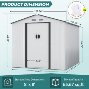 JAXPETY Outdoor Storage Shed - Galvanized Metal Tool Shed Outdoor Garden Shed with 2 Sliding Lockable Doors for Garden Patio Backyard Lawn (White, 8'x8')