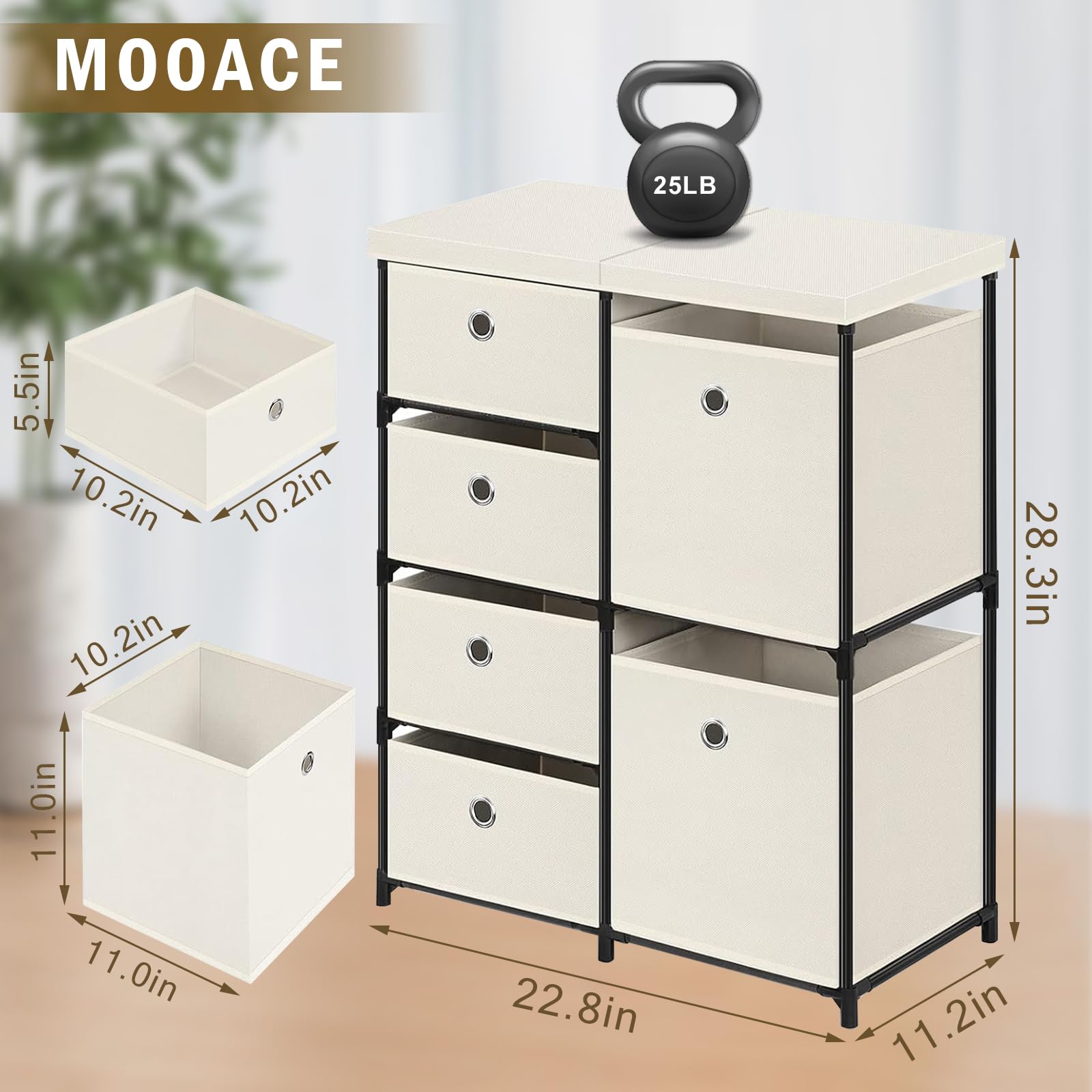 MOOACE 6 Drawers Storage Organizer, Fabric Cube Storage Organizer, Cube Storage Shelf, Small Chest of Drawers for Living Room Hallway Entryway, Beige