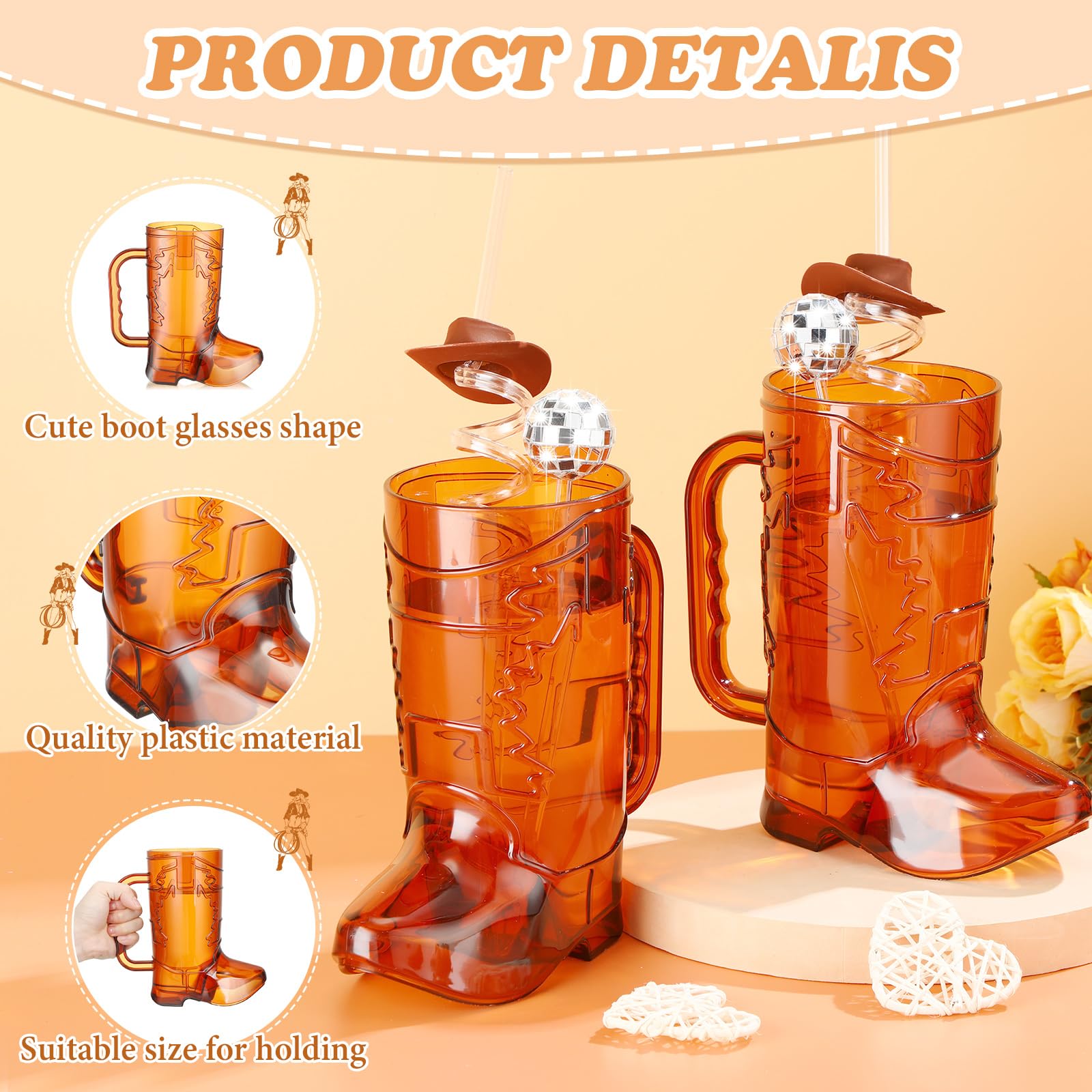 Ziliny 36 Sets 17 oz Cowgirl Boot Mug Cups including 12 Cowgirl Drink Mugs 12 Cowgirl Hat Straws 12 Mirror Disco Ball Stirrers for Western Theme Bachelorette Birthday Party Favors (Brown)