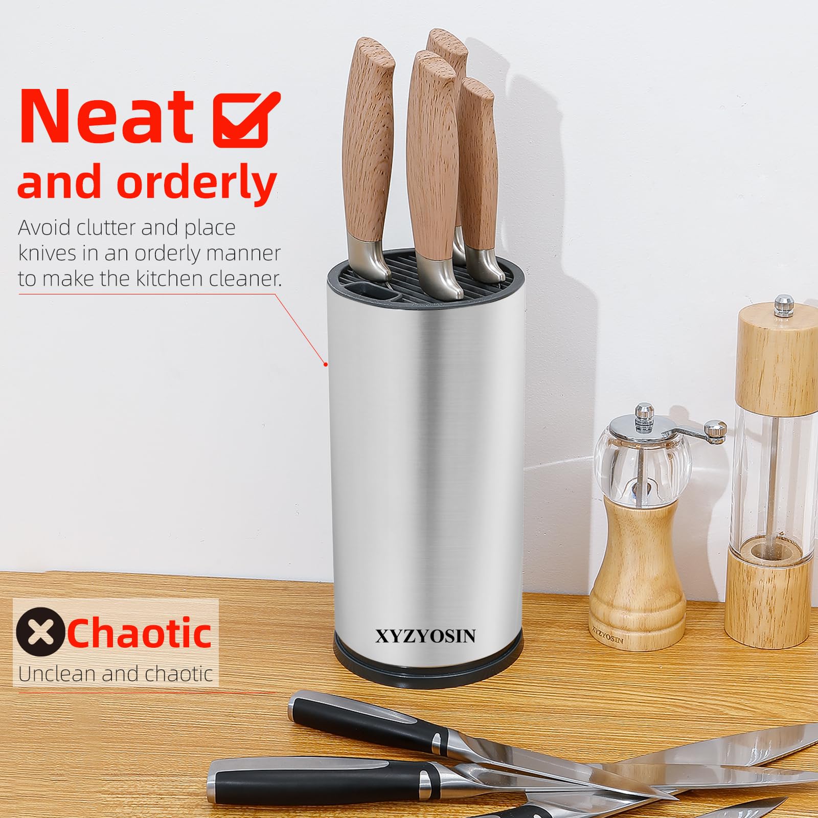 Stainless Steel Universal Knife Block, Round Knife Holder with Scissors Slot Kitchen Knife Storage Space Saver Knife Organizer Detachable for Easy Cleaning