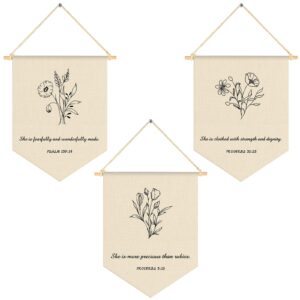 vitalcozy 3 pcs nursery scripture bible verse christian botanical decor canvas hanging pennant flag banner floral wall signs for bedroom playroom front door kids baby boy girl birthday christmas gift