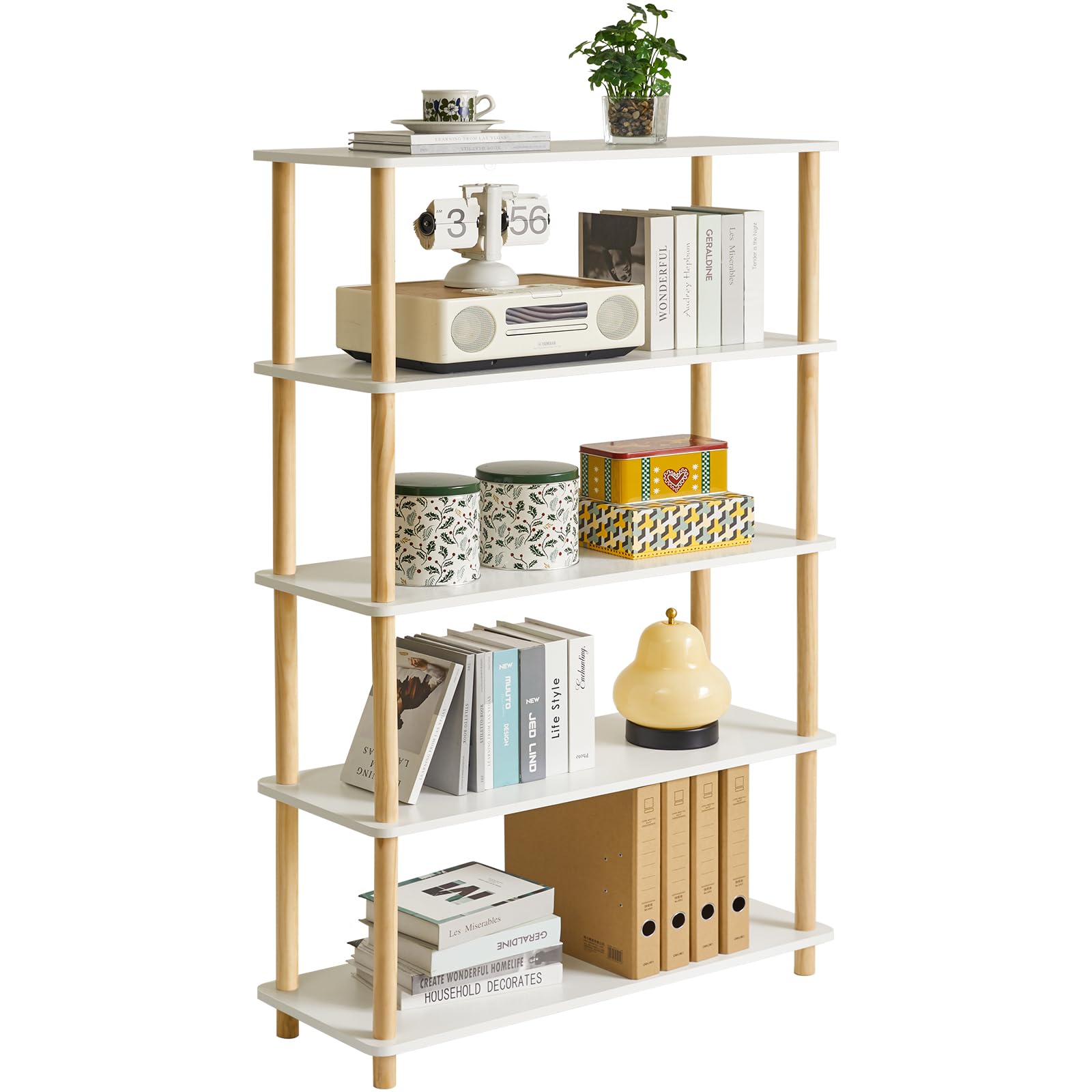 IBUYKE 5-Tier Wooden Open Bookcase - Modern Freestanding Bookshelf Storage Organizer,Standing Shelf Units,Multifunctional Display Stand for Bedroom, Living Room & Home Office,White WBC005W