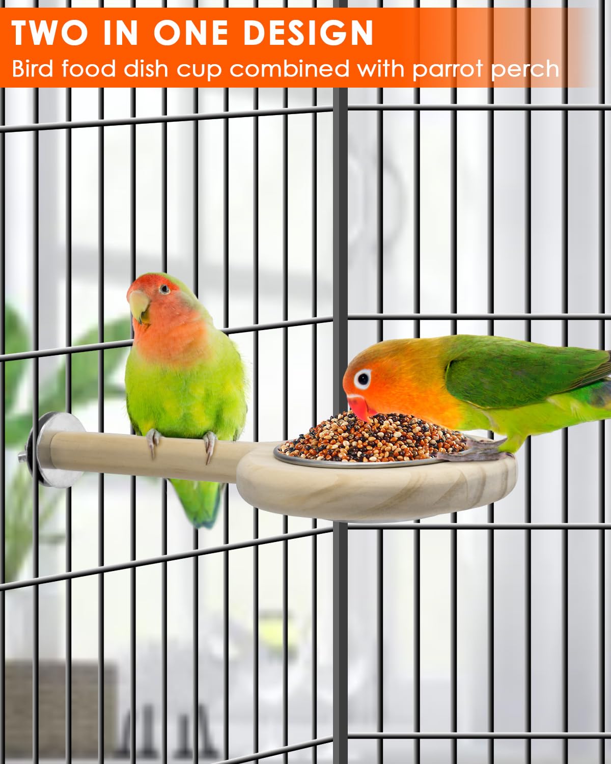 KATUMO Bird Perch Bird Feeding Cup Parrot Wood Perch Stand Toy Bird Cage Accessory for Parakeet Lovebird Conure Budgie Canary Finch Small Parrots