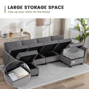 DIFY Modular Sectional Sofa Couch with Storage Seat, Oversized U-Shaped Reversible Couch for Living Room, Apartment and Office, 6 Seat Sofa with 8 Armrests, Convertible Chaise Sofa, Velvet Grey.