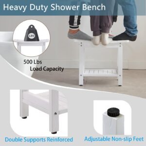 Shower Benches for Inside Shower, Plastic Waterproof Shower Stools, Poly Lumber White Shower Bench Seat, Shower Foot Stool for Shaving Legs, with Storage Shelf, Shower Head Holder, Adjustable Feet.…