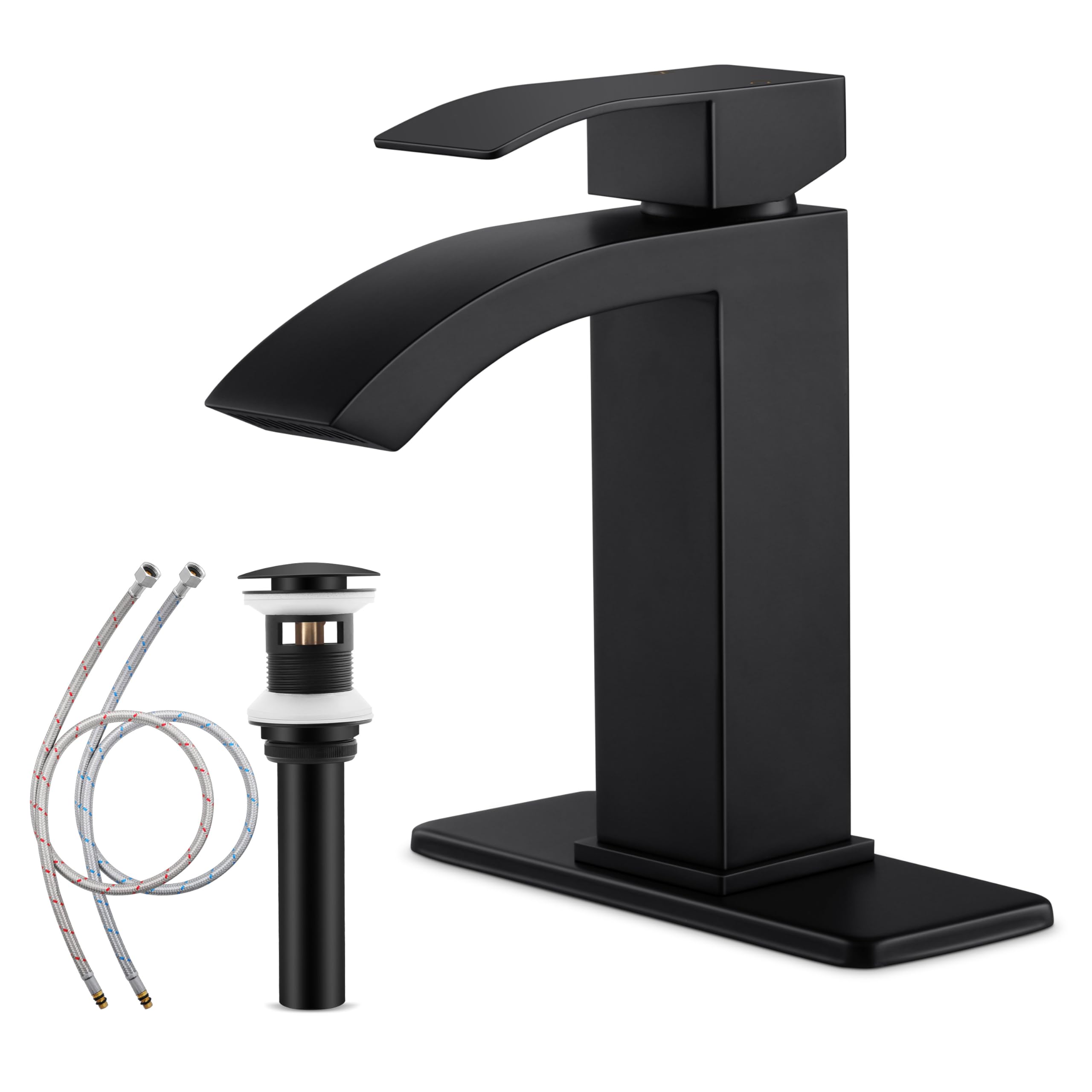 Bathroom Sink Faucet, Herogo Matte Black Waterfall Stainless Steel Sink Faucet with Pop-up Drain, Single Handle Bathroom Faucet with Deck Plate for 1 or 3 Hole RV Bathroom Vanity Lavatory Sinks