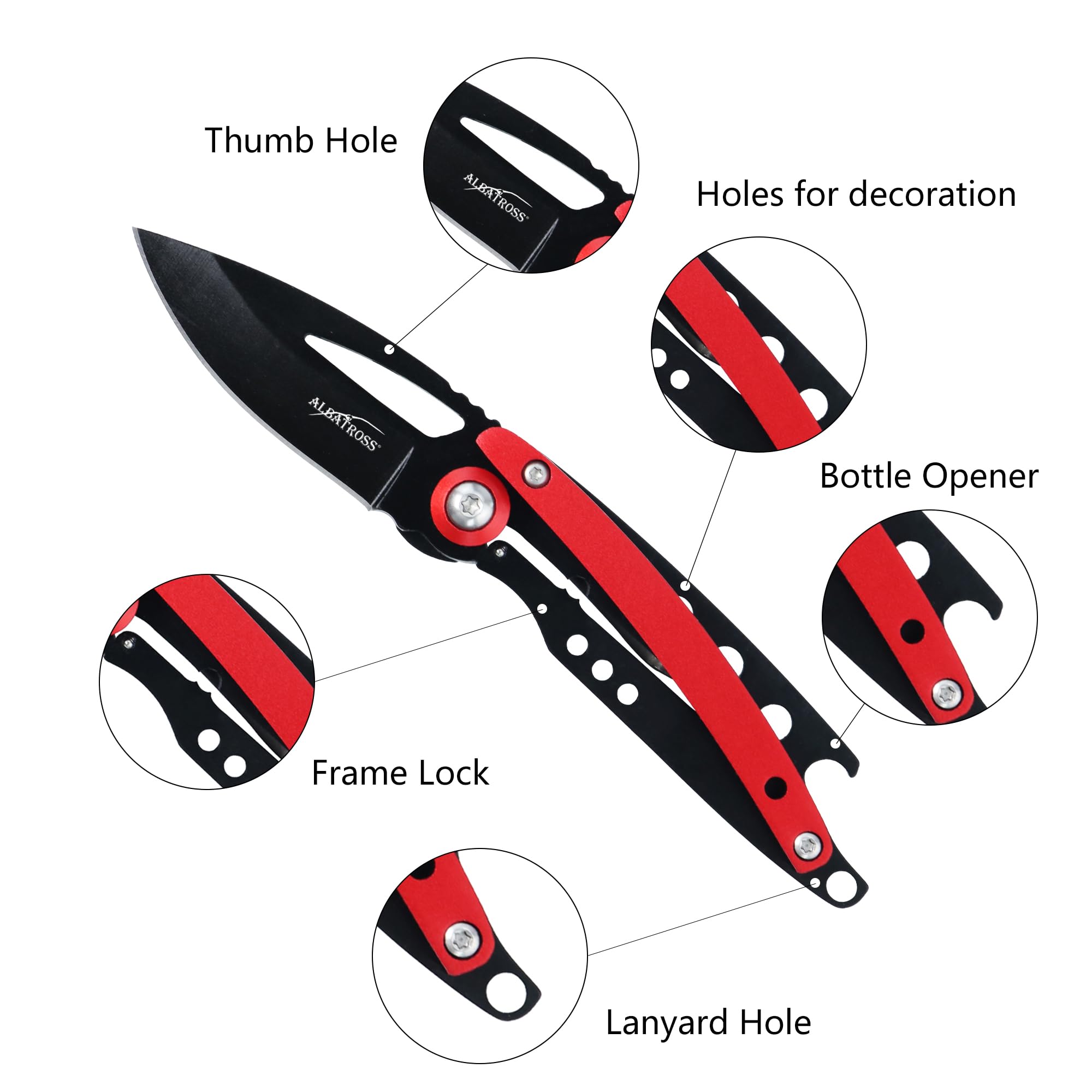 ALBATROSS Simple and Practical Pocket Folding Knife for Daily Use, Color Collision Style, with Bottle Opener, Total 5.5"，AS-19205 (Red)