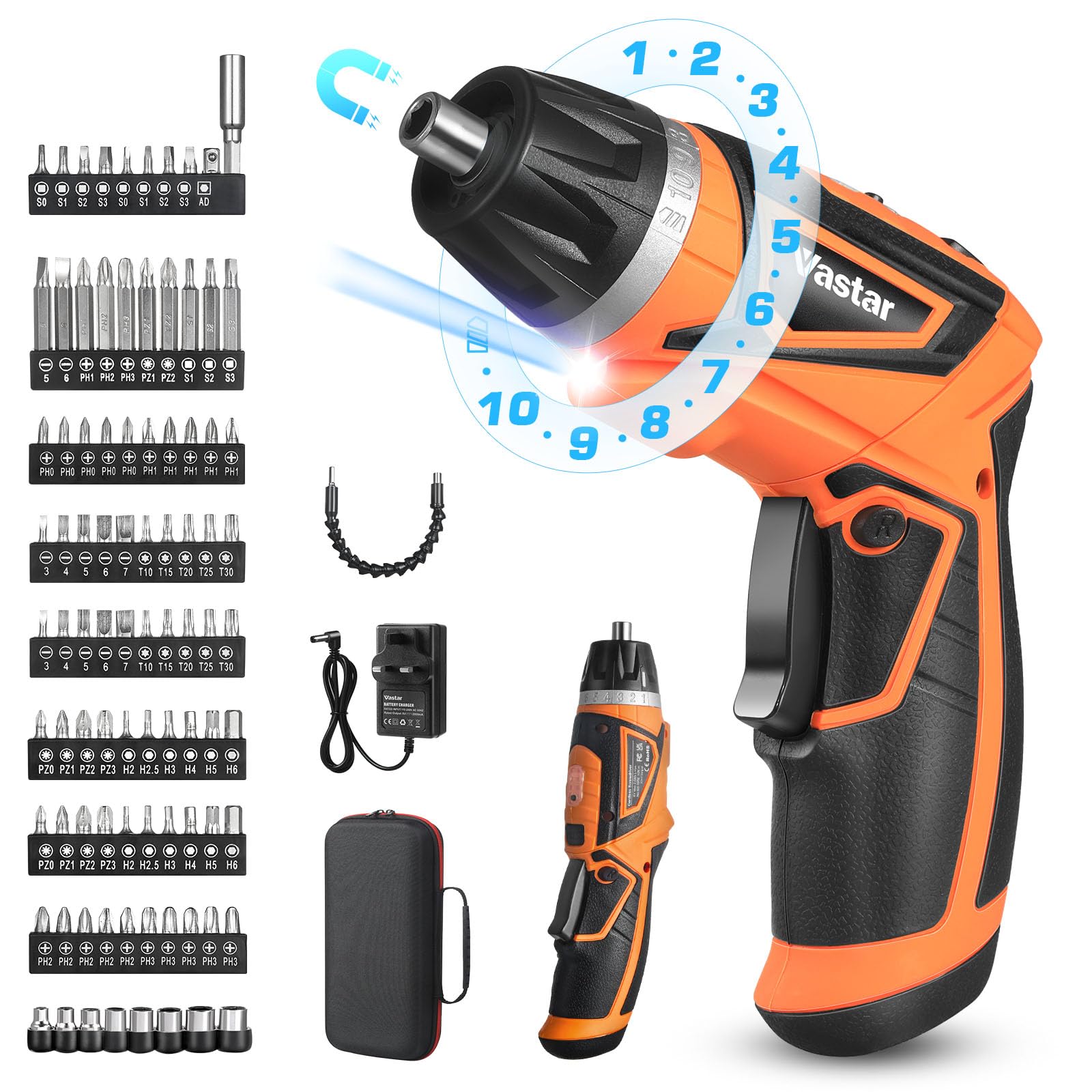 Vastar 8V Cordless Electric Screwdriver, 89Pcs Rechargeable Power Magnetic Screwdriver Kit in Carrying Case, with 10+1 Torque Settings, Dual Position Handle, Battery Indicator, Flexible Shaft, LED