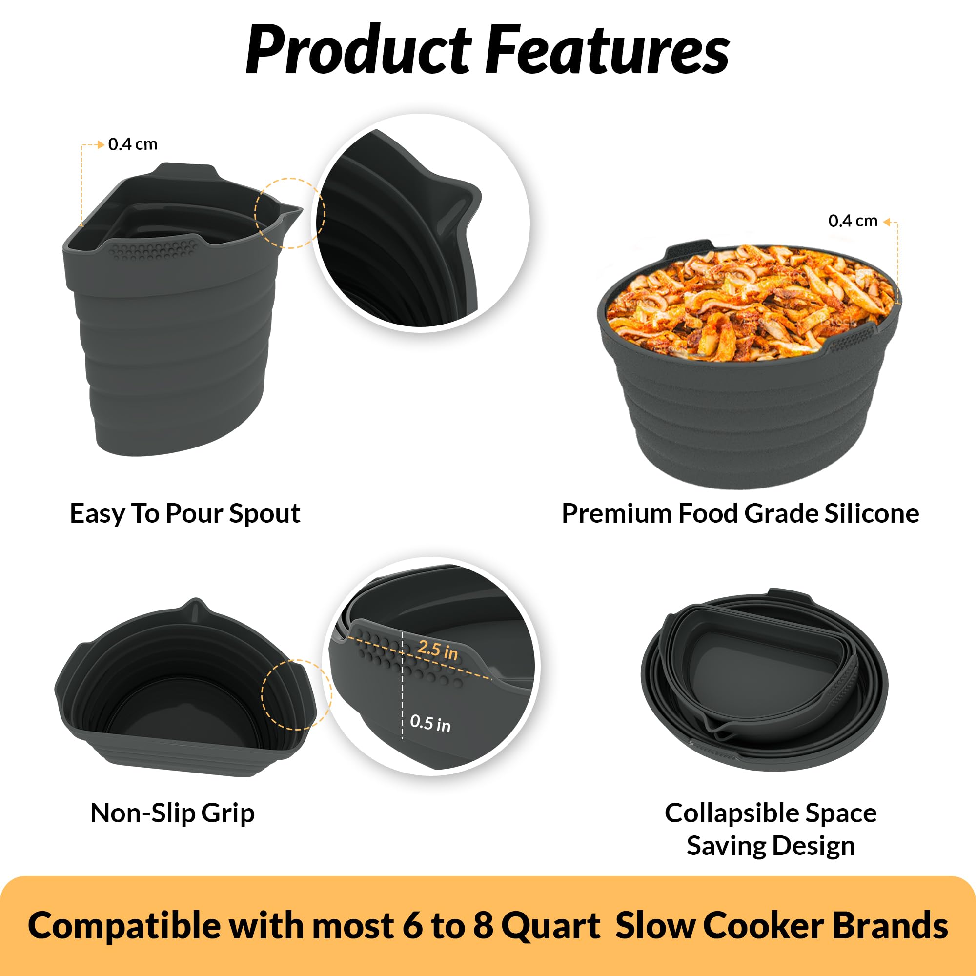 PREMIUM QUALITY: Tasmai 3 Pack, Crock pot liners, 6-8 Quart Slow Cooker Liners, Reusable Silicone crockpot liner, Crockpot liner, Crock pot divider, Crockpot divider insert (6 Quart (Gray))