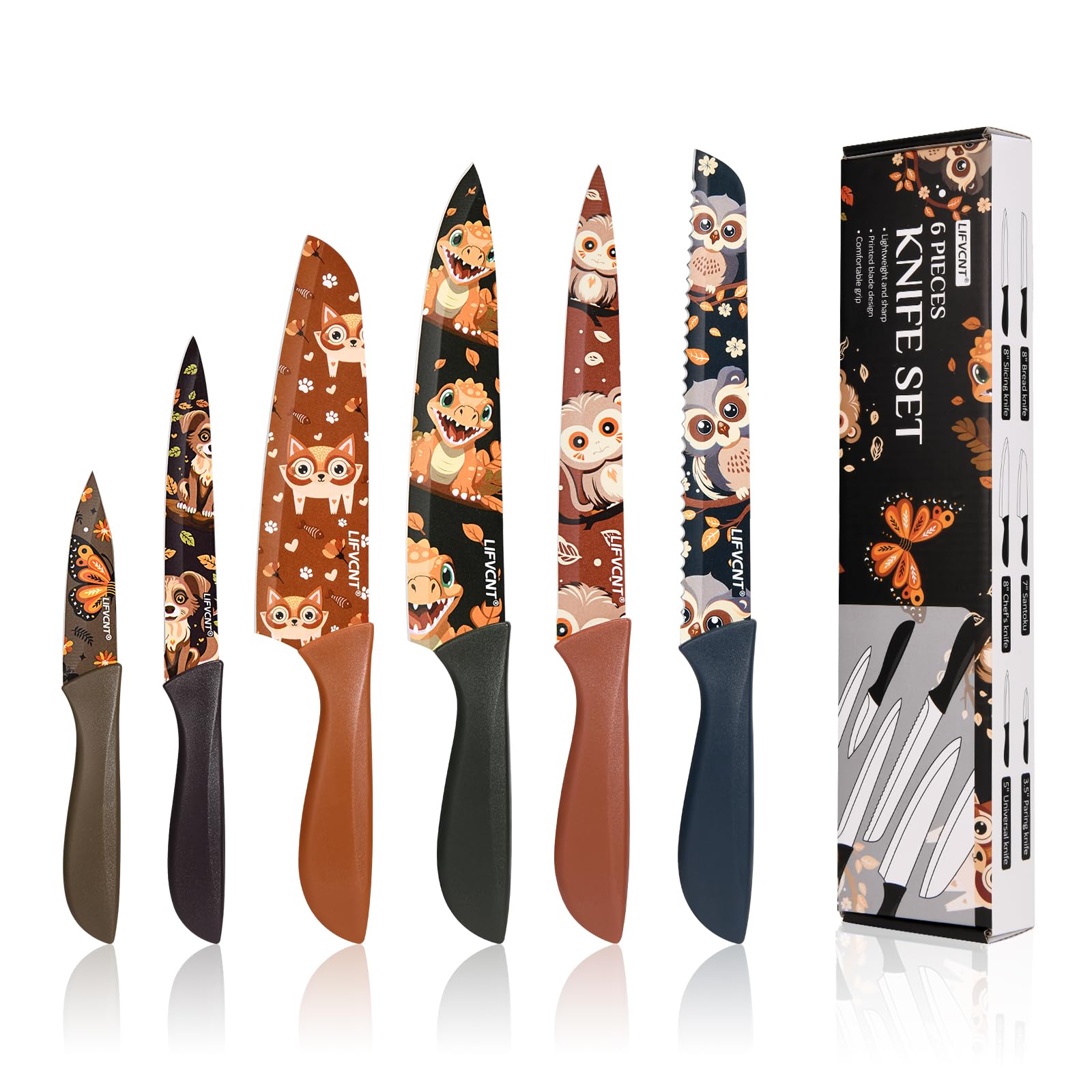 Kitchen Knife Set 6 Piece, Multi Color Cartoon Pattern Knives Set, Ergonomic Handles, Stainless Steel Knife, Knife Set without Block