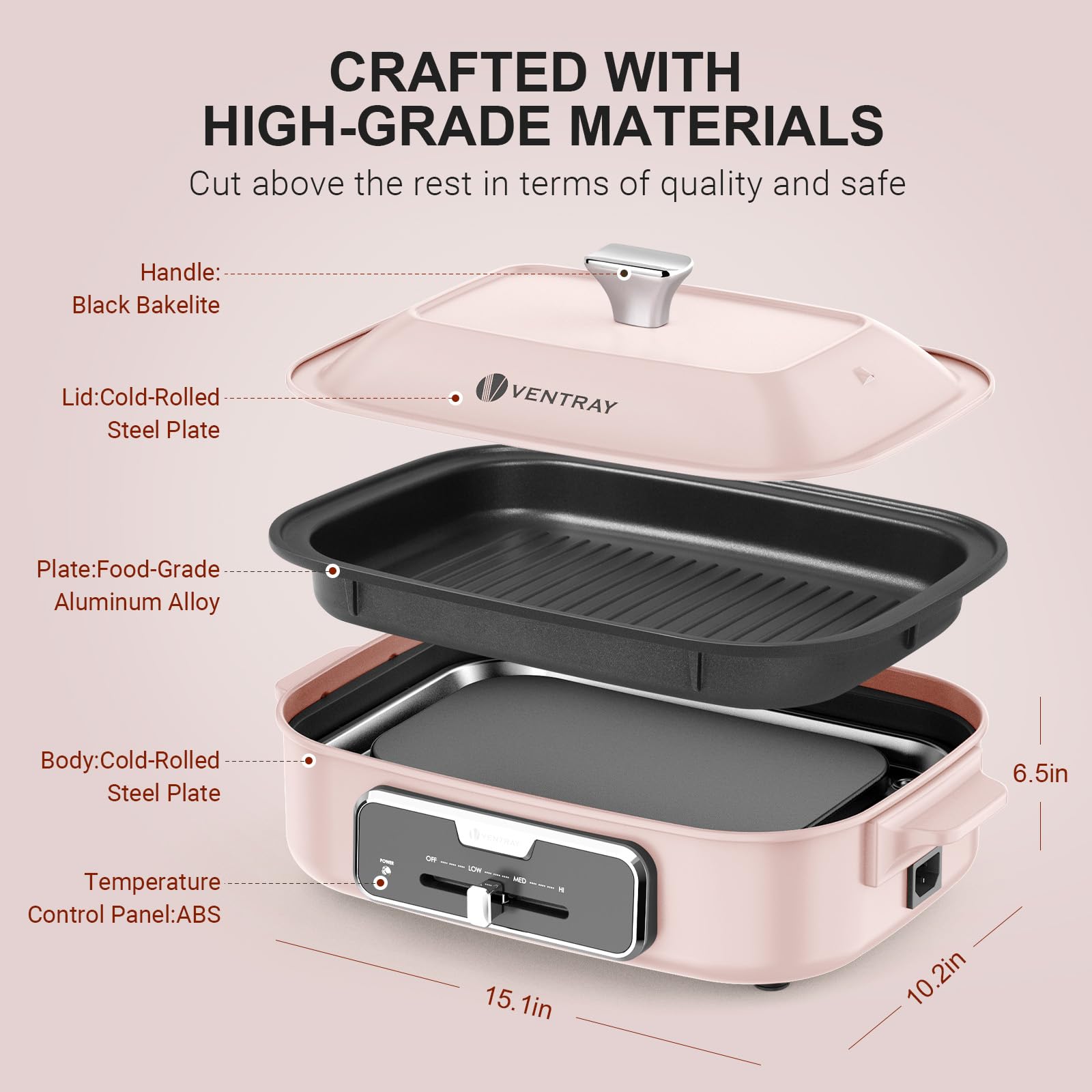 Ventray Electric Skillet with Lid Indoor Electric Grill, Nonstick Cooking Surface for Frying, Sauteing, Simmering and Braising, Adjustable Temp Portable Korean BBQ Grill with Removable Griddle Plate