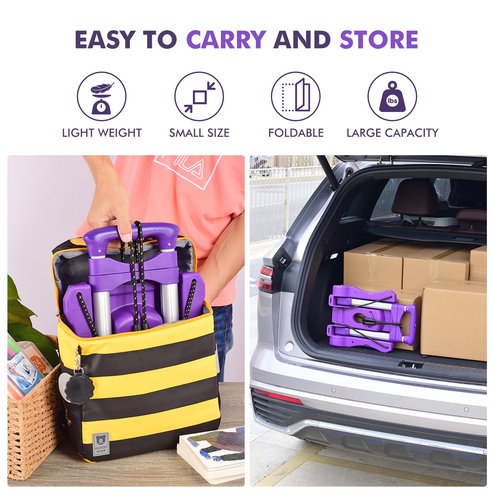 Home-Man Folding Hand Truck, Heavy Duty Luggage Cart, Utility Dolly Platform Cart with 4 Wheels and 2 Elastic Ropes for Luggage, Travel, Moving, Shopping, Office Use (110LB, Purple)