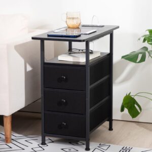 AMHANCIBLE Narrow Side Table with Charging Station, Slim End Table with USB Ports and Outlets, Nightstand with 3 Fabric Drawers for Bedroom, Living Room, Small Space, Black, HETN013BK-1