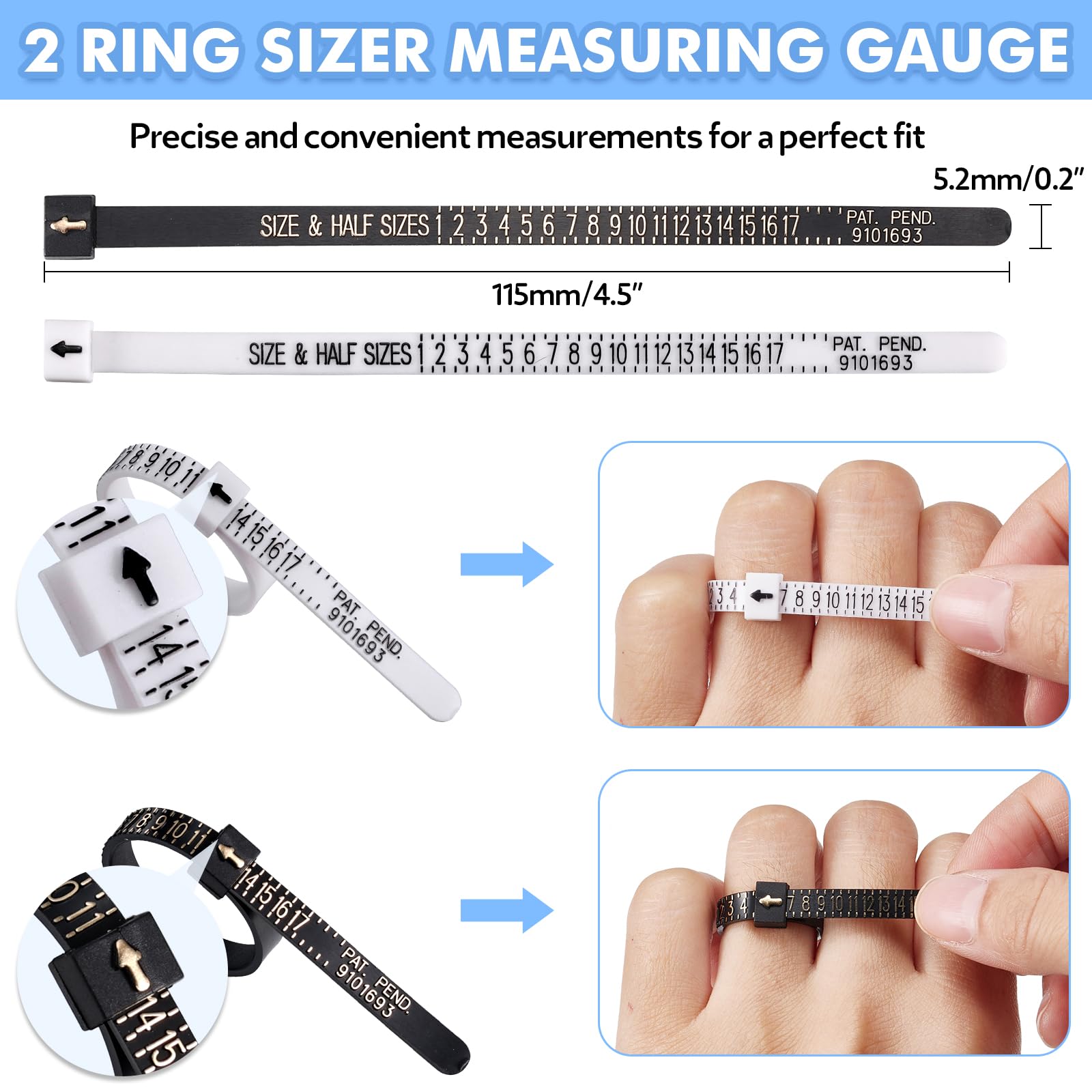 Anpro Ring Size Adjuster for Loose Rings- 118 Pcs Ring Size Adjusters Set Includes 16 Plug-in Invisible Ring Adjuster, 8 Spiral Silicone Tightener, EVA Invisible Sticker,Ring Size Measuring Tool