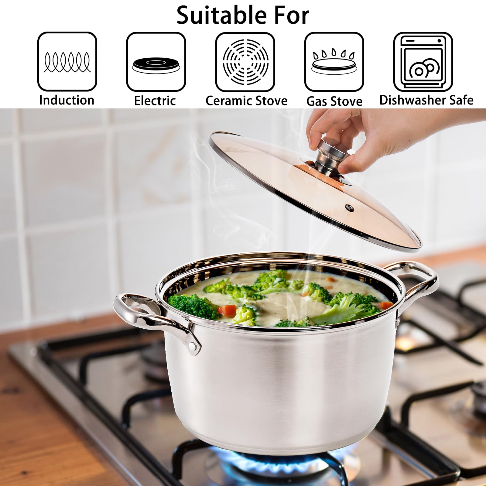 ZEAYEA 6 Quart Stainless Steel Stockpot, Cooking Pot with Glass Lid, Soup Pasta Pot with Double Heatproof Handles for Stew, Sauce and Reheat Food, Dishwasher Safe