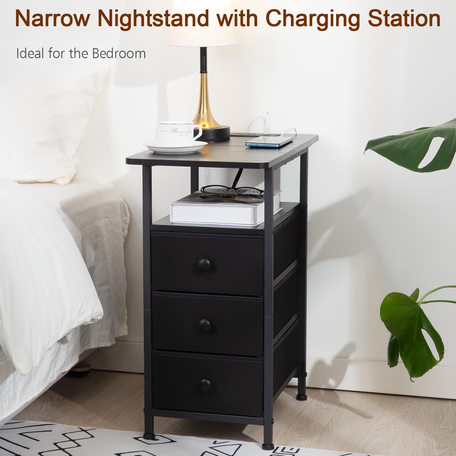 AMHANCIBLE Narrow Side Table with Charging Station, Slim End Table with USB Ports and Outlets, Nightstand with 3 Fabric Drawers for Bedroom, Living Room, Small Space, Black, HETN013BK-1