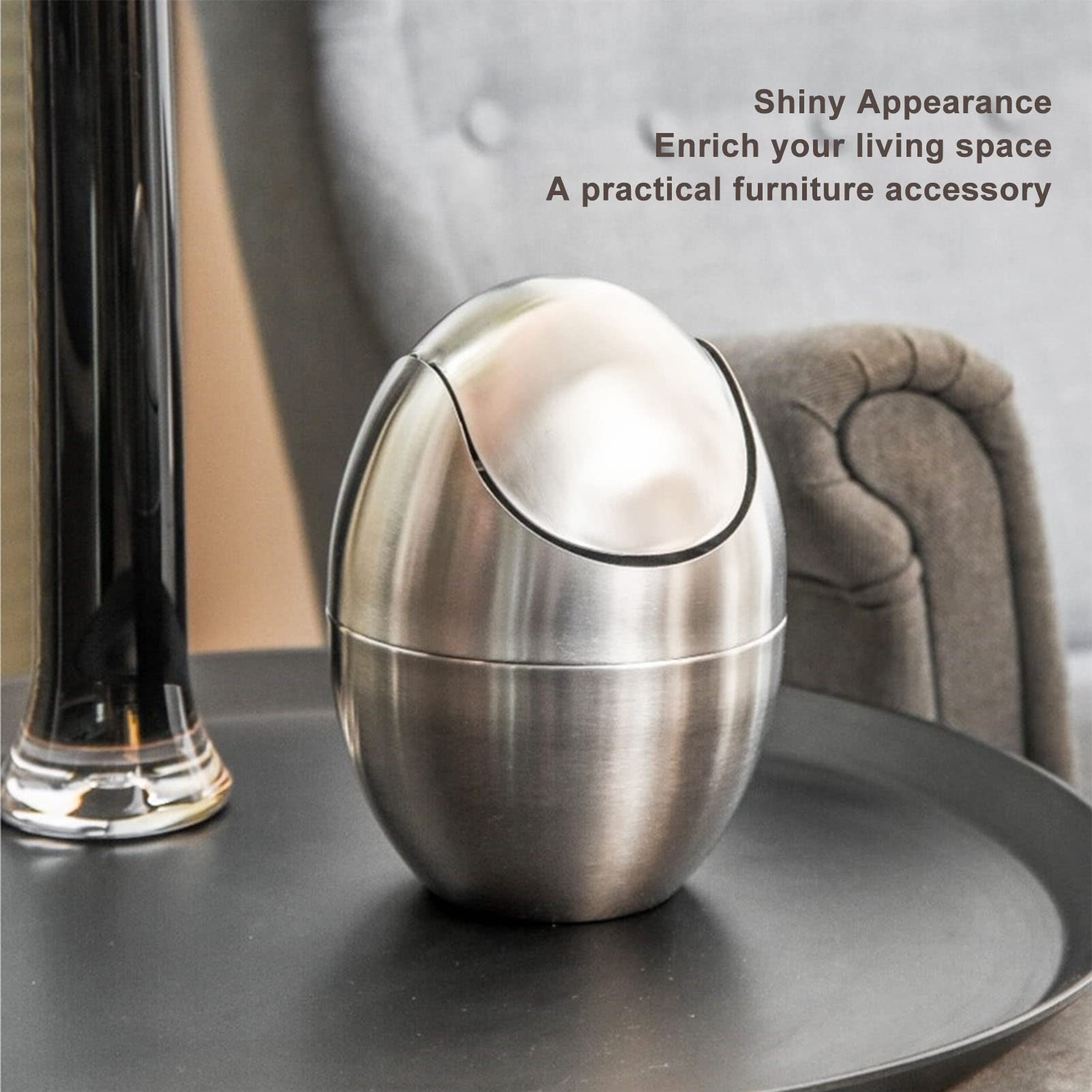 Mini Trash Can, Egg-Shaped Stainless Steel Countertop Garbage Bin, Mini Desk Can with Swing Lid for Office Desk, Coffee Table, Vanity Tabletop, Bedroom