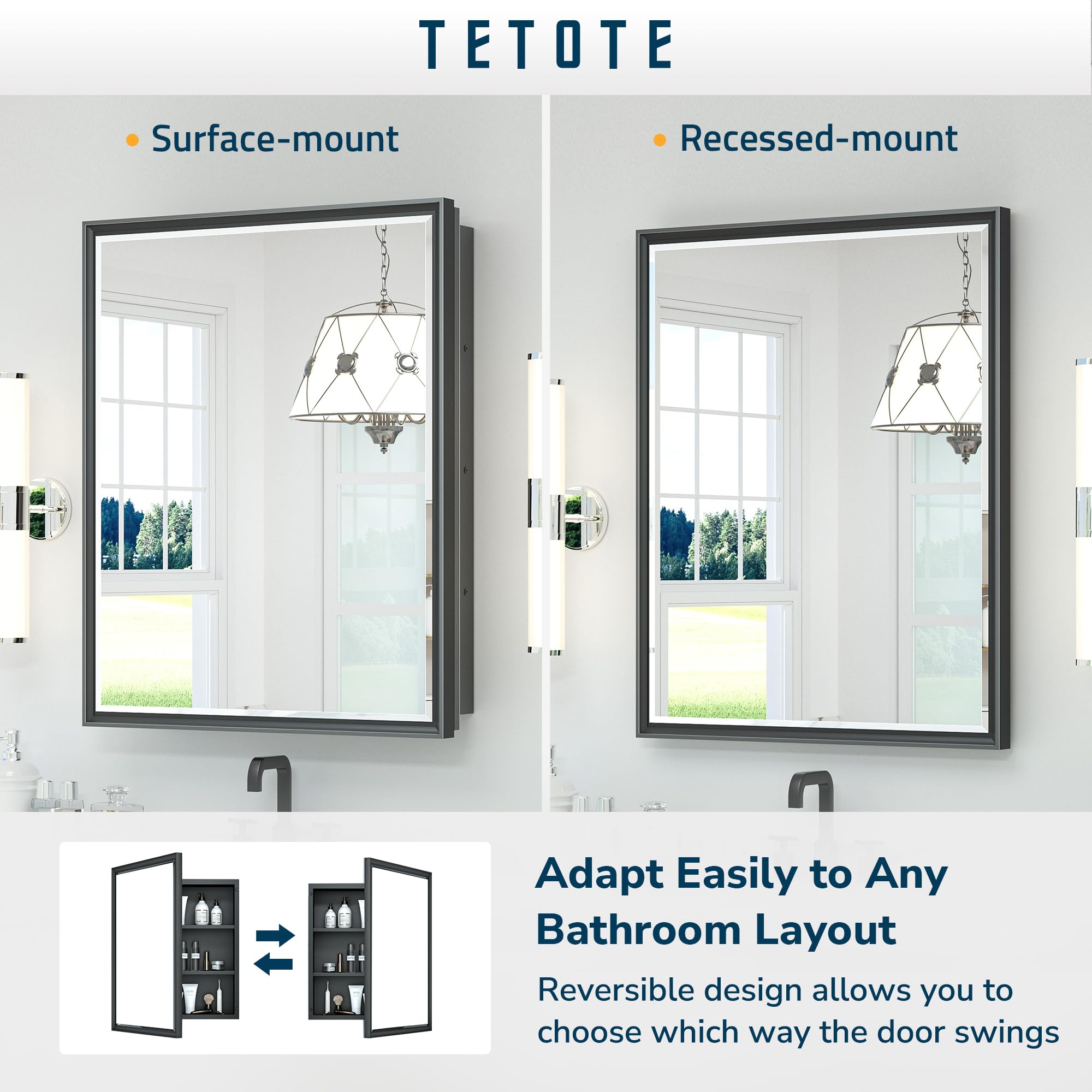 TETOTE Black Framed 60x30 Inch Medicine Cabinet Mirror for Bathroom Aluminum Framed Surface or Recessed Wall-Mounted Medicine Cabinets Beveled Mirror with Storage 3 Door Modern Farmhouse