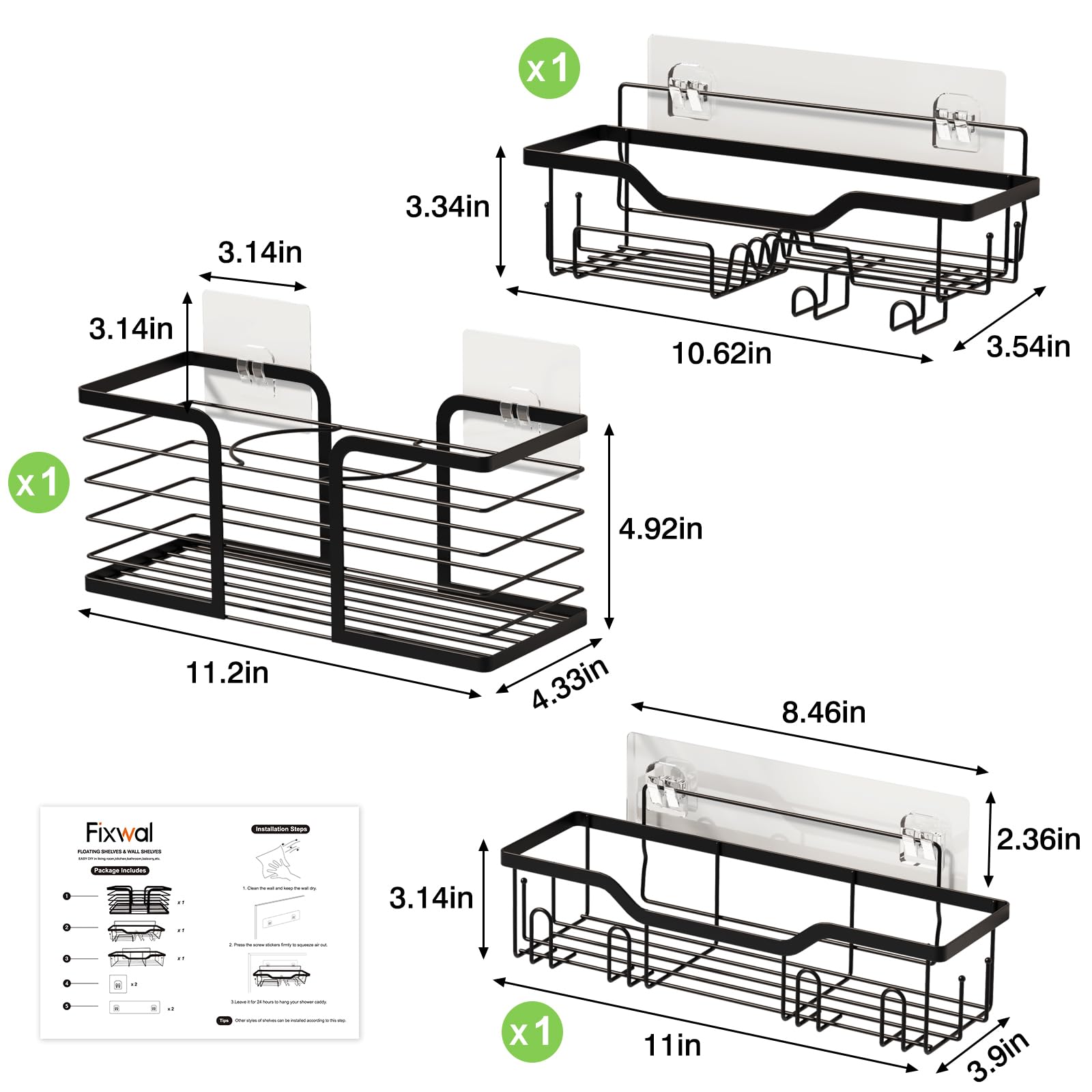 Fixwal 3-Pack Shower Caddy Bathroom Storage Rack with Soap Holder, Anti-Rust Strong Adhesive Storage Rack No Drilling Required, For Interior Shower Home Kitchen Storage Rack (Black)