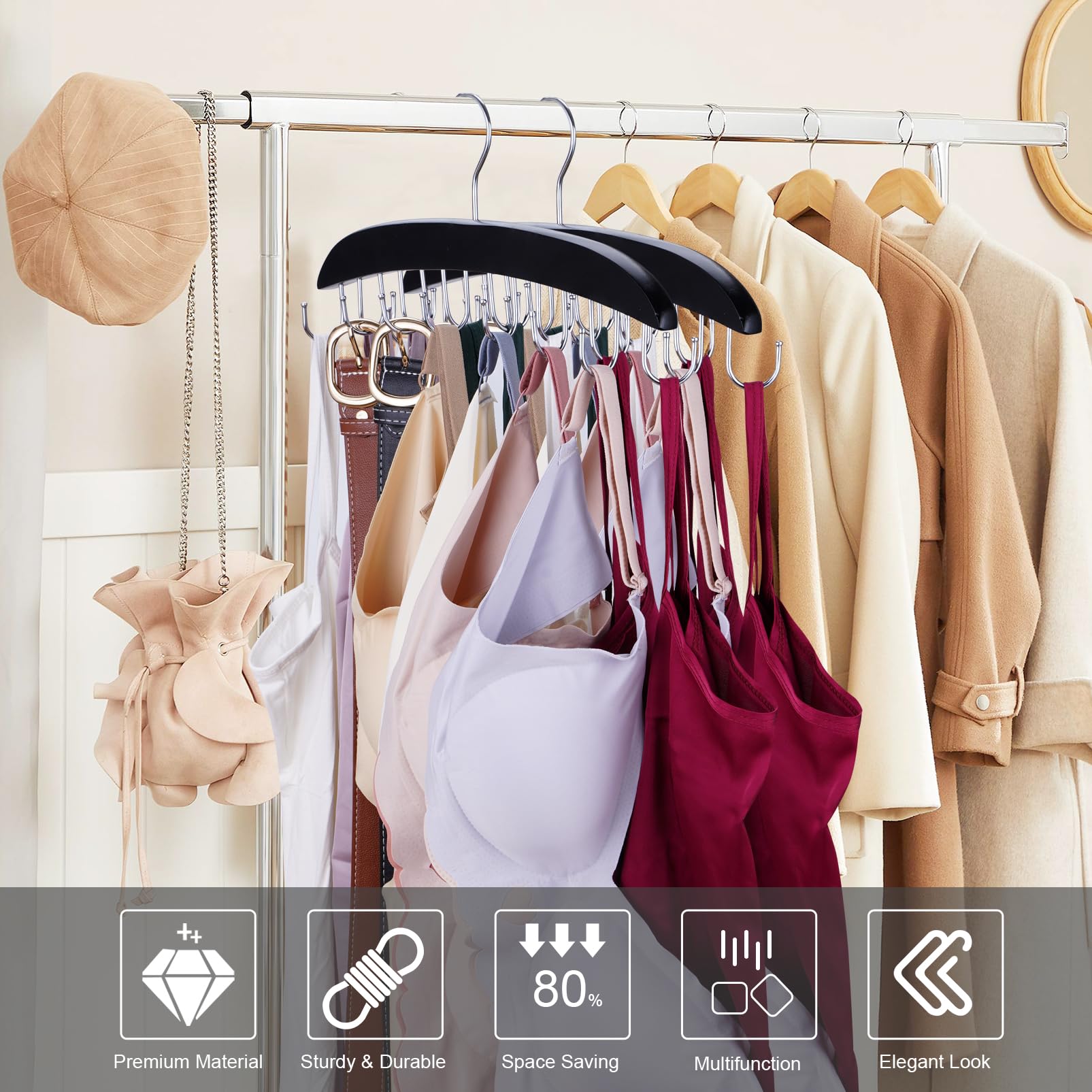 1PC Bra-Hanger-Space-Saving for Closet, Tank-Top-Hanger Stackable with 360°Rotating Hook,Closet-Organizer and Storage Hold Up 14 Bras-Camisoles-Ties-Swimsuits-Strappy-Dress