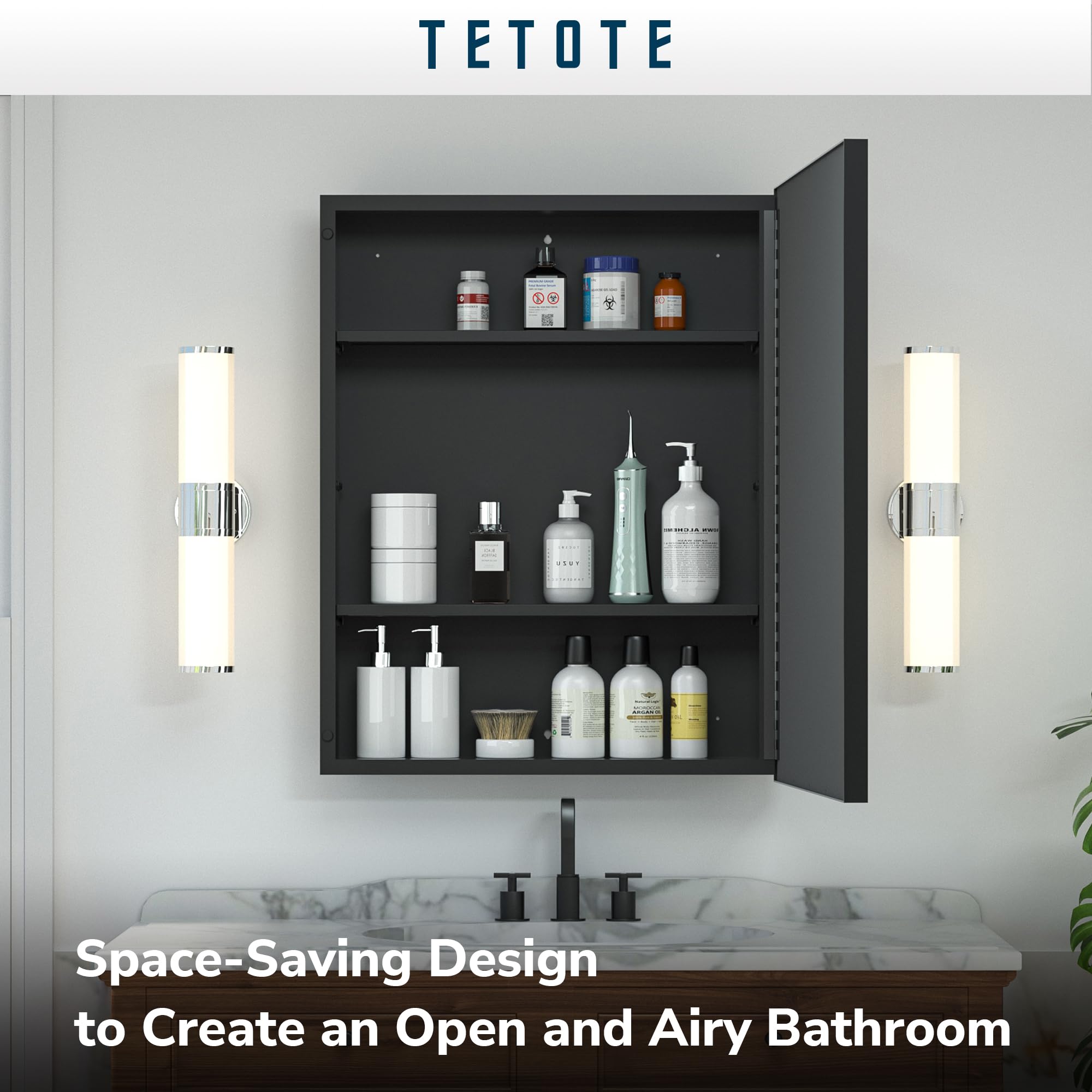 TETOTE Black Framed 60x30 Inch Medicine Cabinet Mirror for Bathroom Aluminum Framed Surface or Recessed Wall-Mounted Medicine Cabinets Beveled Mirror with Storage 3 Door Modern Farmhouse