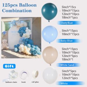 Dusty Blue Balloon Garland Kit - 125pcs Blue Balloon Arch kit with Dusty Blue, Baby Blue, Sand White, White Balloons - Perfect for Baby Shower Wedding Boy Birthday Decoration