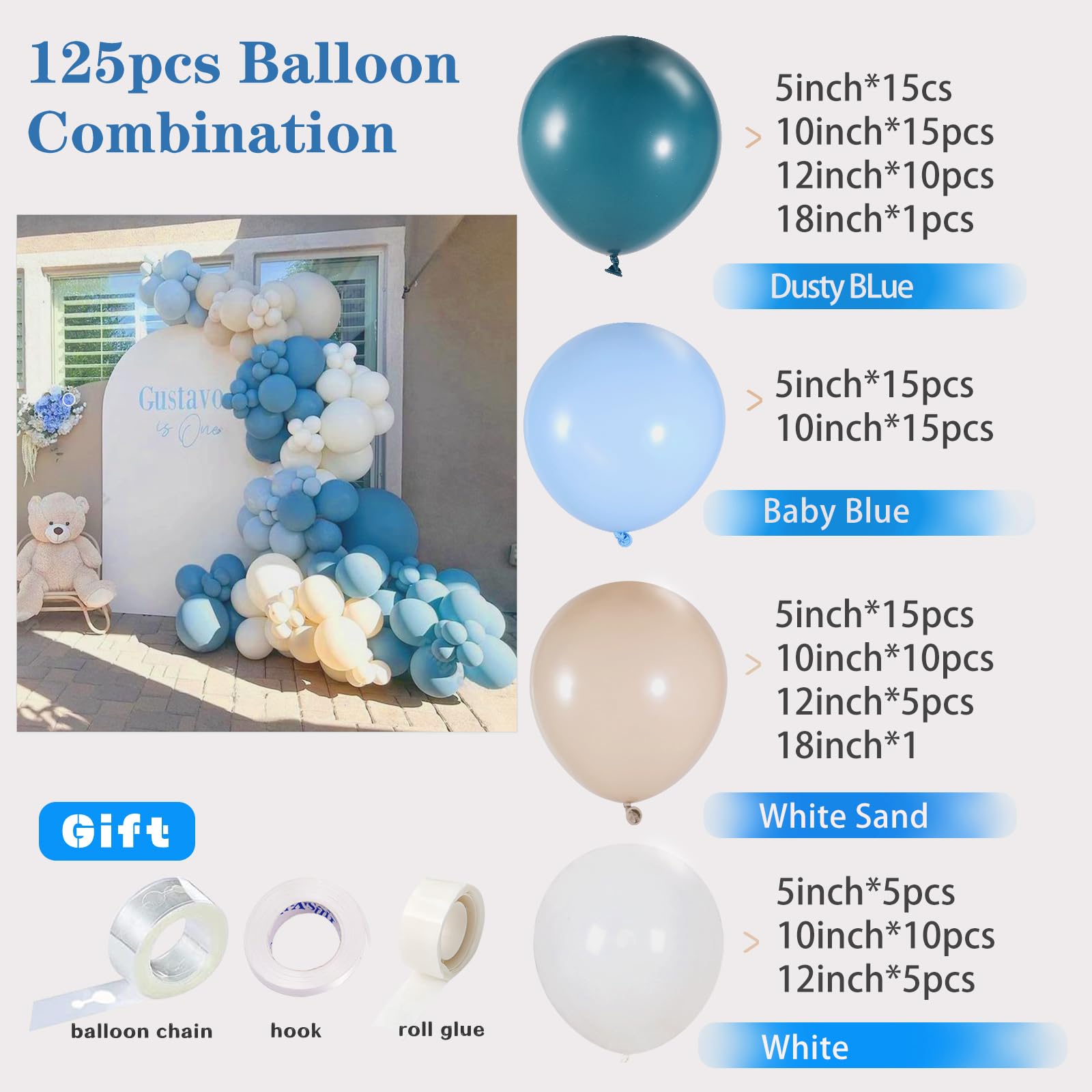 Dusty Blue Balloon Garland Kit - 125pcs Blue Balloon Arch kit with Dusty Blue, Baby Blue, Sand White, White Balloons - Perfect for Baby Shower Wedding Boy Birthday Decoration