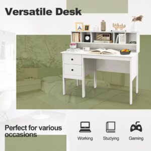 GLOBALWAY48” Computer Desk, Study Writing Desk with 5-Cube Hutch, 2 Drawers & Charging Station, Home Office Workstation for Living Room, Study & Bedroom, White