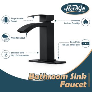 Bathroom Sink Faucet, Herogo Matte Black Waterfall Stainless Steel Sink Faucet with Pop-up Drain, Single Handle Bathroom Faucet with Deck Plate for 1 or 3 Hole RV Bathroom Vanity Lavatory Sinks