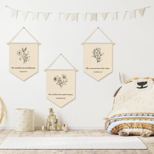 VitalCozy 3 Pcs Nursery Scripture Bible Verse Christian Botanical Decor Canvas Hanging Pennant Flag Banner Floral Wall Signs for Bedroom Playroom Front Door Kids Baby Boy Girl Birthday Christmas Gift