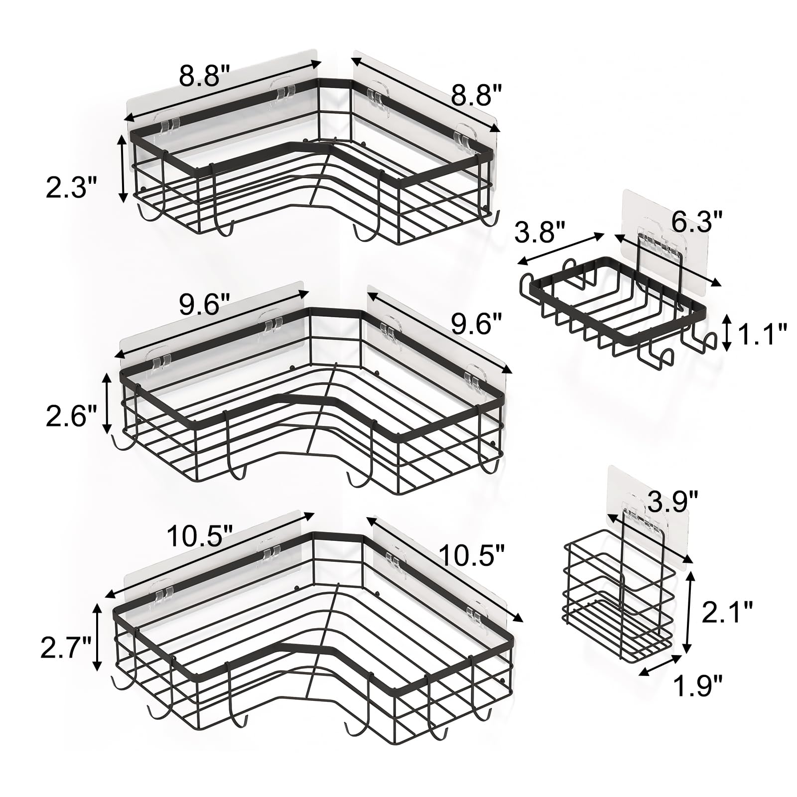 Fixwal Shower Caddy, Bathroom Corner Shower Organizers, Black Shower Shelves for Inside Shower with Soap Caddy & Toothbrush Holder, No Drilling Wall Mount 5-Pack