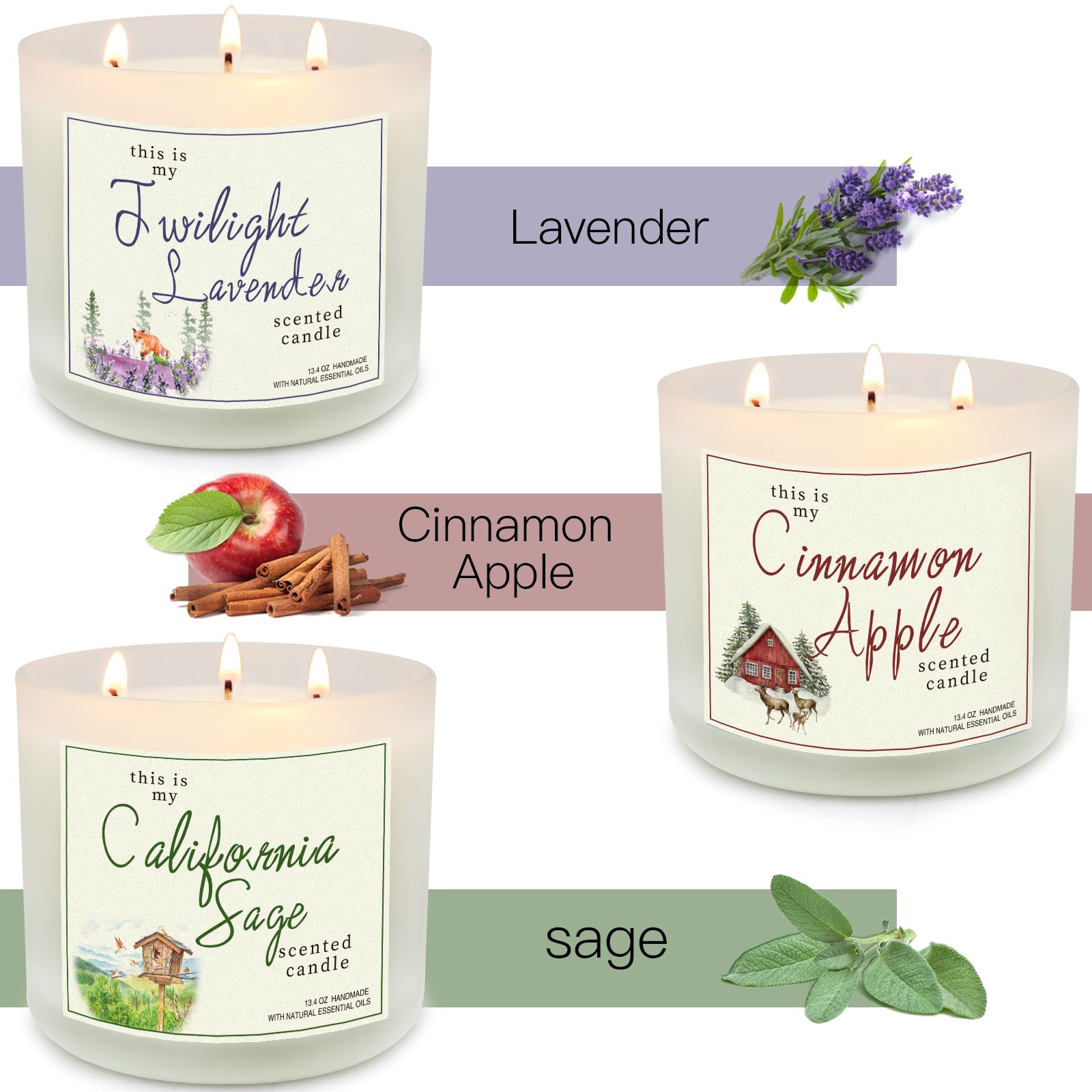 Candles for Home Scented, 3 Pack 3 Wick Large Jar Soy Candle,40.2 oz 300 Hour Long Lasting Candles,Lavender & Sage & Apple Cinnamon Aromatherapy Candle Gift Set