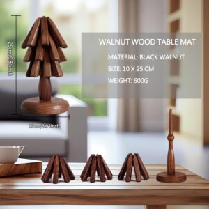 Wooden Trivets for Hot Dishes, Folding Tree Shape Black Walnut Wood Table Mat, Non-Slip Pot Holders Heat Insulated Pad, Trivet Set Wood Coasters for Teapot Hot Pots