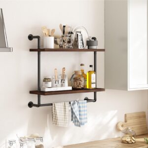 Fixwal 2 Tier Over The Toilet Storage, 24in Bathroom Shelves Wall Mounted, Rustic Wood Industrial Pipe Shelf, Floating Shelf for Bathroom, Living Room, Kitchen, Bedroom (Dark Carbonized Black)