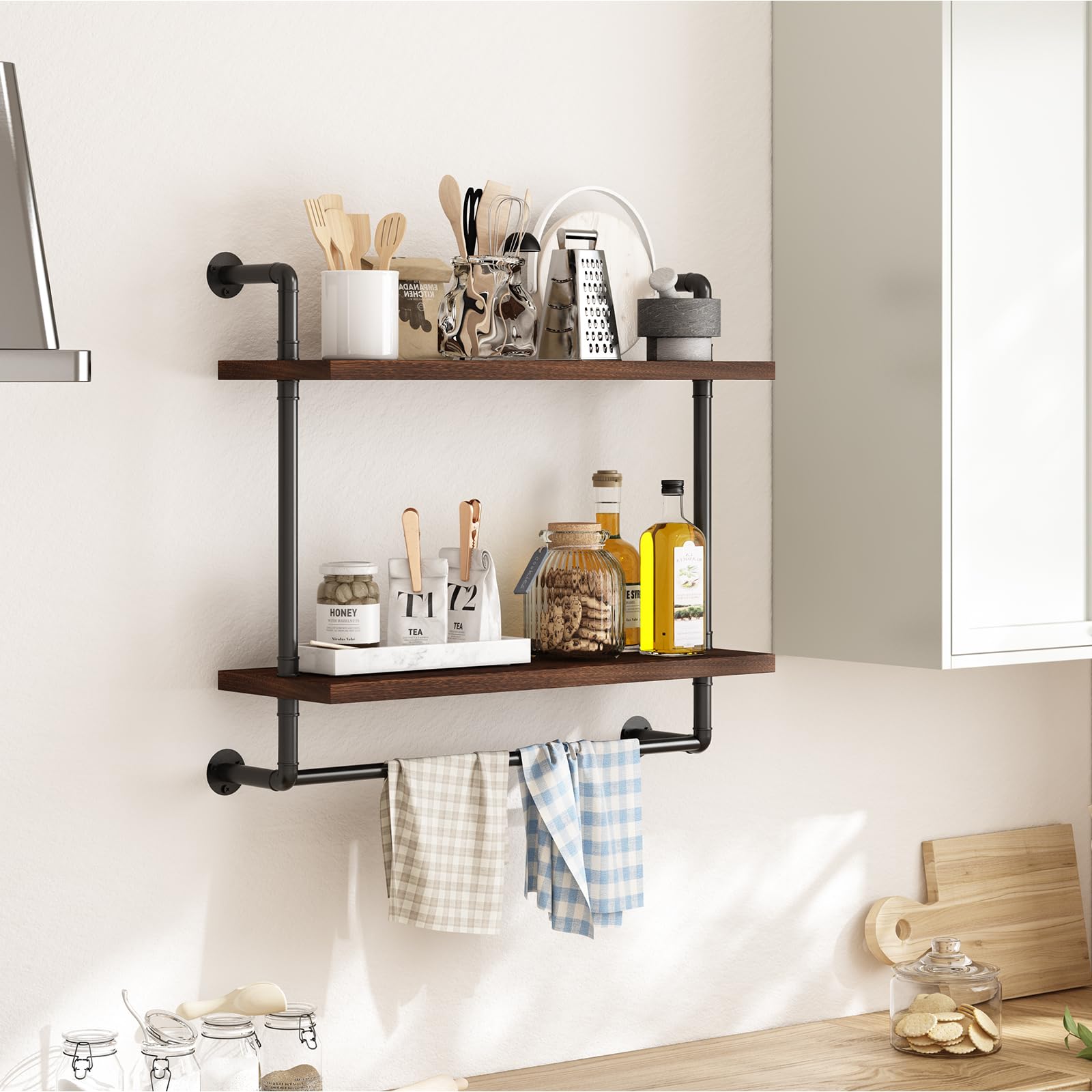 Fixwal 2 Tier Over The Toilet Storage, 24in Bathroom Shelves Wall Mounted, Rustic Wood Industrial Pipe Shelf, Floating Shelf for Bathroom, Living Room, Kitchen, Bedroom (Dark Carbonized Black)