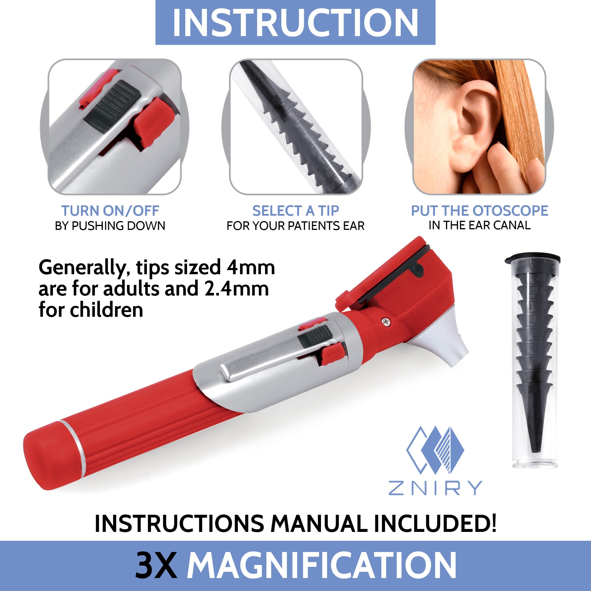 Zniry Fiber Optic Mini Otoscope - Ear Scope with Light, Ear Infection Detector (Red Color) Reguler