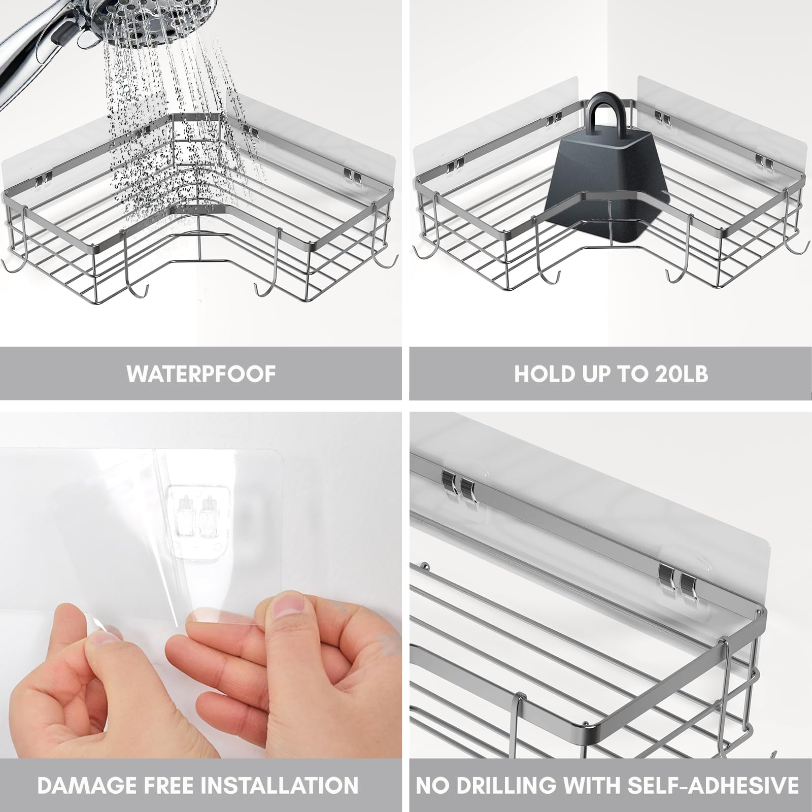 Fixwal Corner Shower Shelves, Bathroom Shower Organizers, Sliver Shower Caddy for Inside Shower with Soap Caddy & Toothbrush Holder, No Drilling Wall Mount 4-Pack