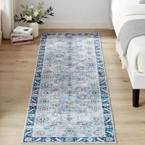 floralux hallway runner rug 2x6 washable distressed area rugs non-slip laundry soft fuzzy floral boho entryway laundry room kitchen bathroom (2'x6', blue)