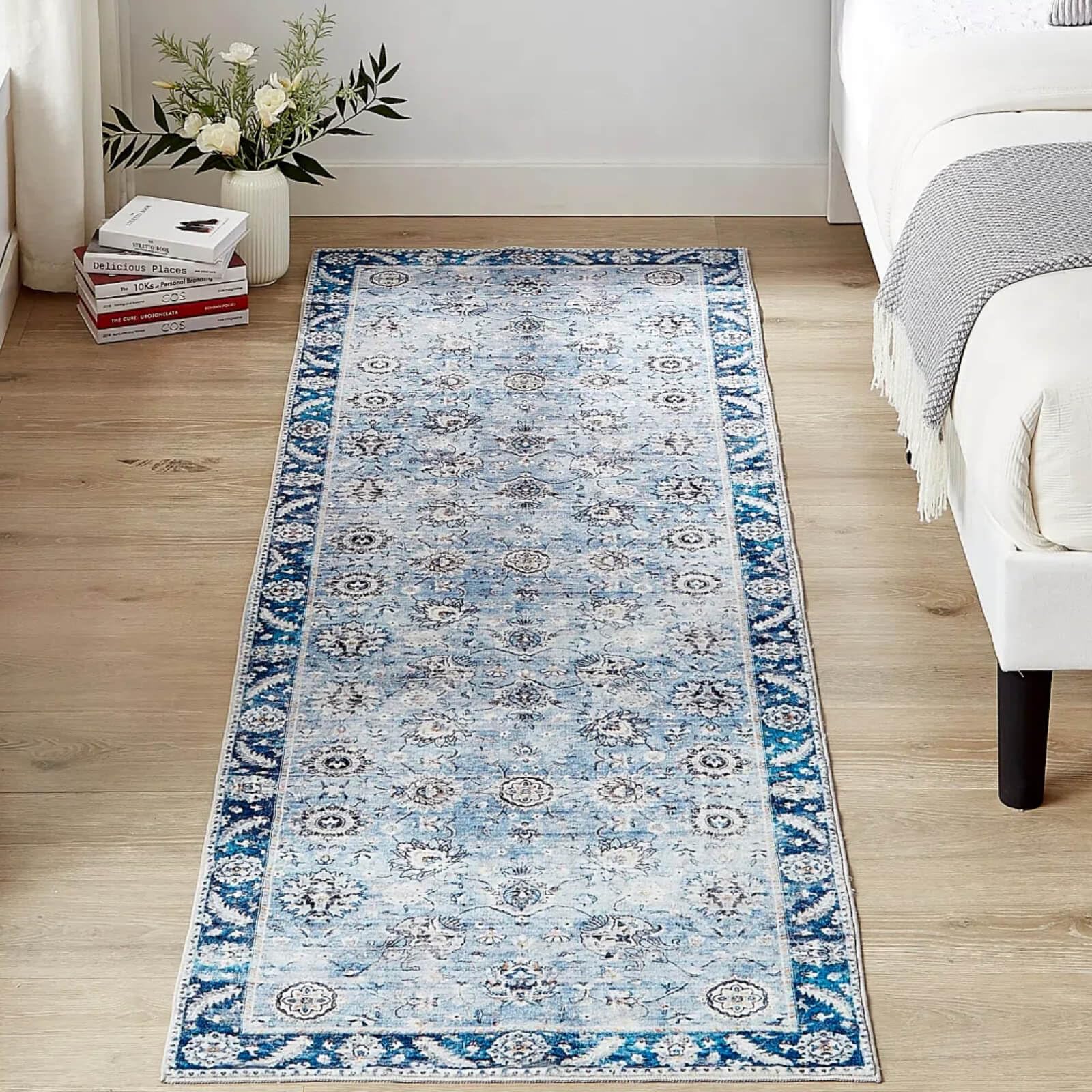 Floralux Hallway Runner Rug 2x6 Washable Distressed Area Rugs Non-Slip Laundry Soft Fuzzy Floral Boho Entryway Laundry Room Kitchen Bathroom (2'x6', Blue)