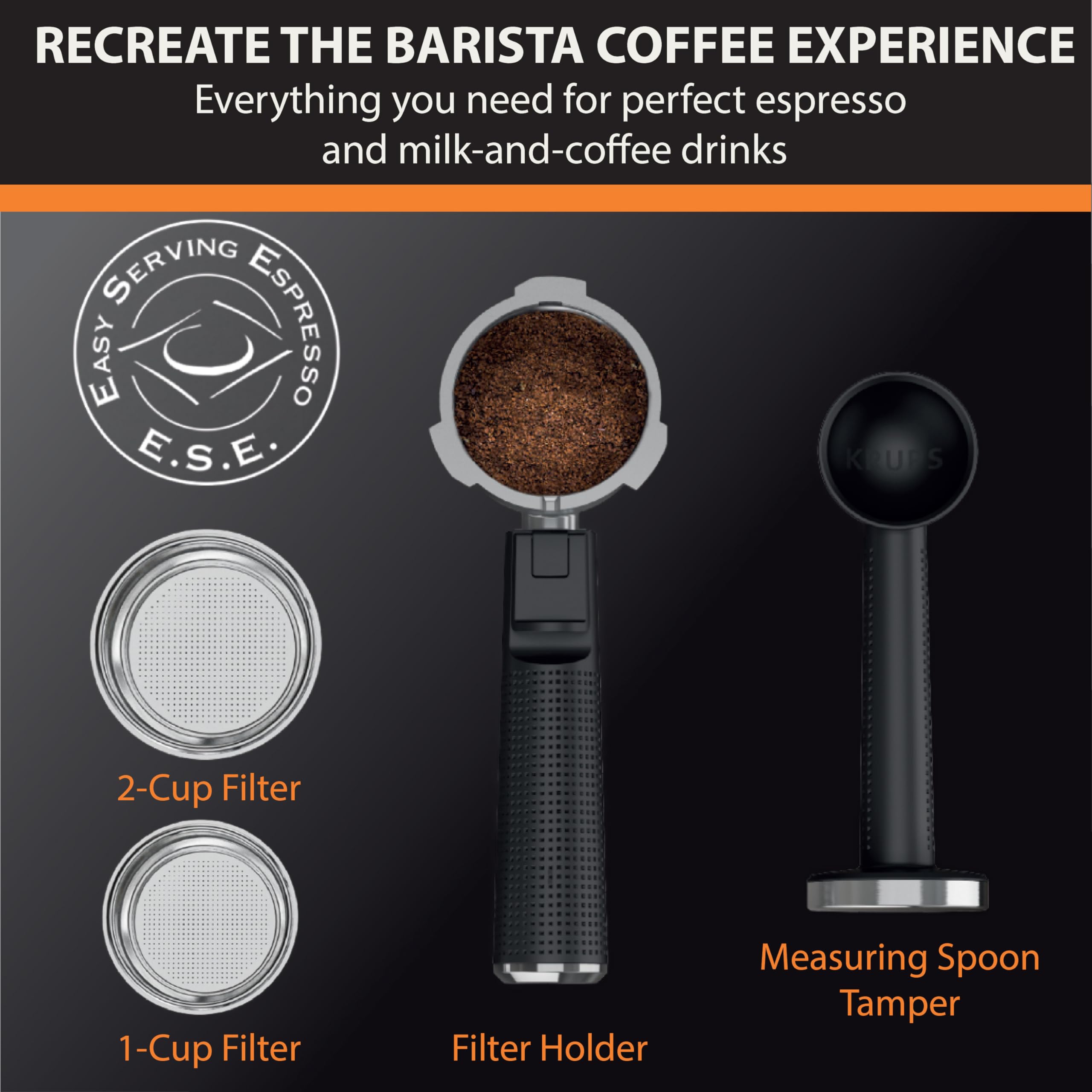 KRUPS: Divine Stainless Steel Espresso Machine with Tamper 2 cups at once, Cup Warmer, Espresso Machine with Milk Frother, Easy to Eject Grounds, 1350 Watts, Cappuccino, Latte, Americano, Silver