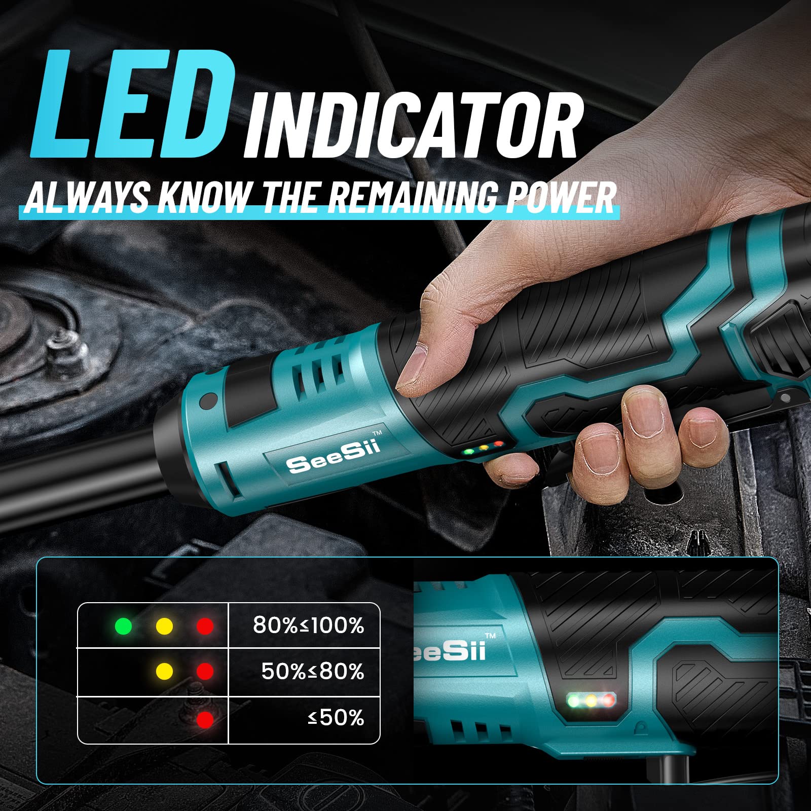 Seesii 3/8" Long Neck Ratchet Wrench, 40Ft-lbs 6" Extended Cordless Ratchet Wrench Kit w/ 2x2.0Ah Batteries & Fast Charge, 220RPM Variable Speed Ratcheting Wrench w/ 7 Sockets, RT400B