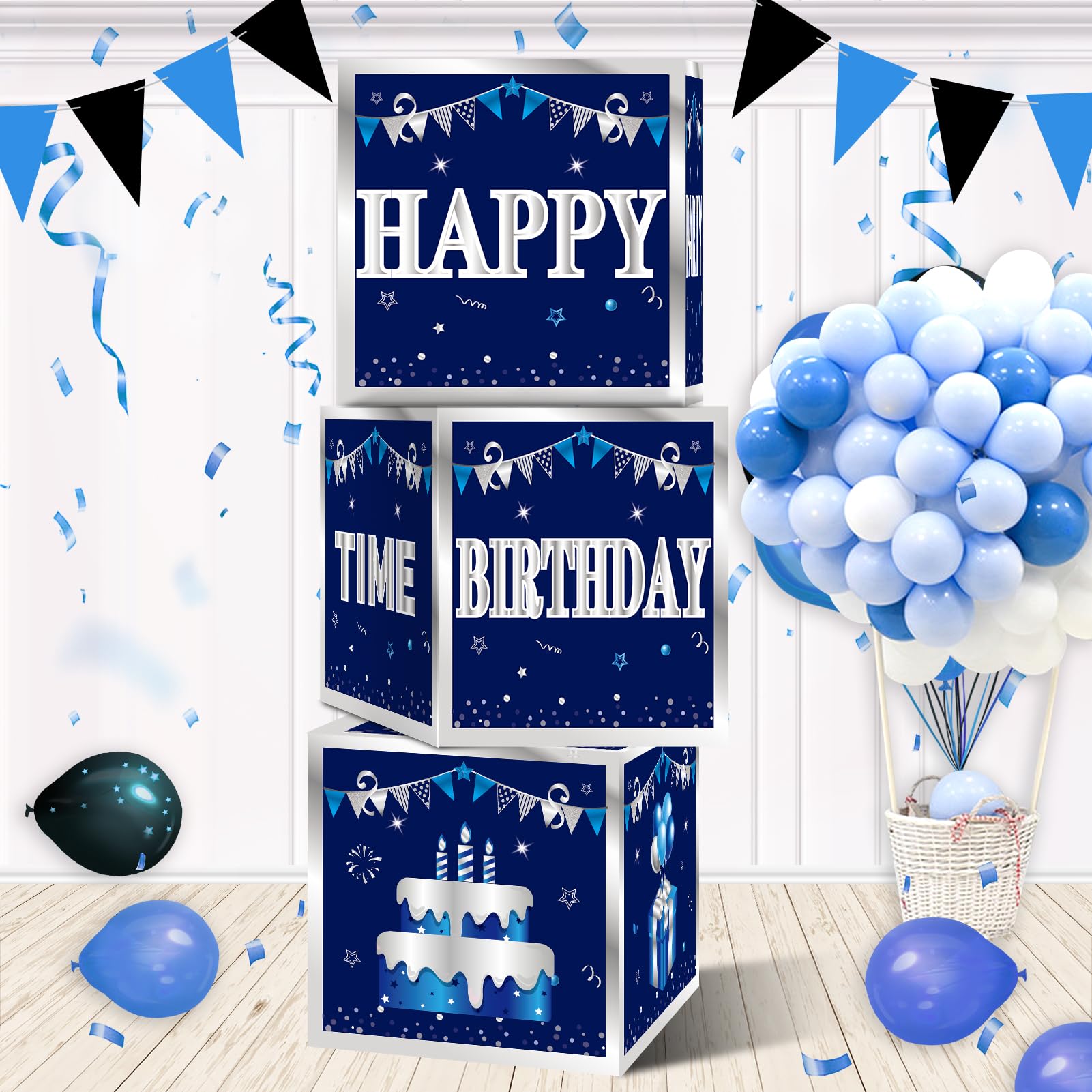 Turypaty 3 Packs Blue Birthday Decorations Boxes for Men Boys, Blue Silver Happy Birthday Balloons Boxes Party Supplies, 16th 18th 21st 30th 40th 50th 60th Bday Cardboard Box Decoration