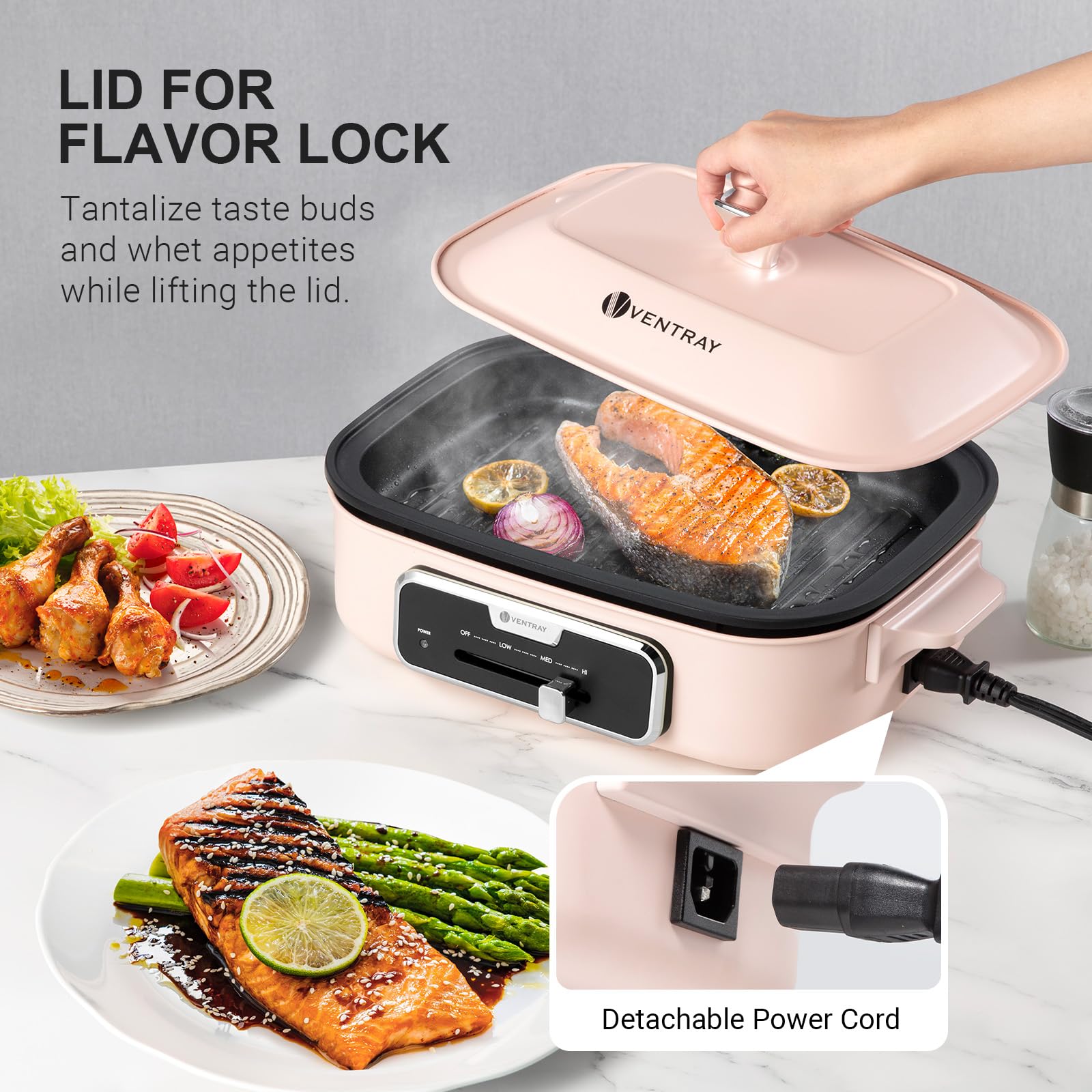 Ventray Electric Skillet with Lid Indoor Electric Grill, Nonstick Cooking Surface for Frying, Sauteing, Simmering and Braising, Adjustable Temp Portable Korean BBQ Grill with Removable Griddle Plate