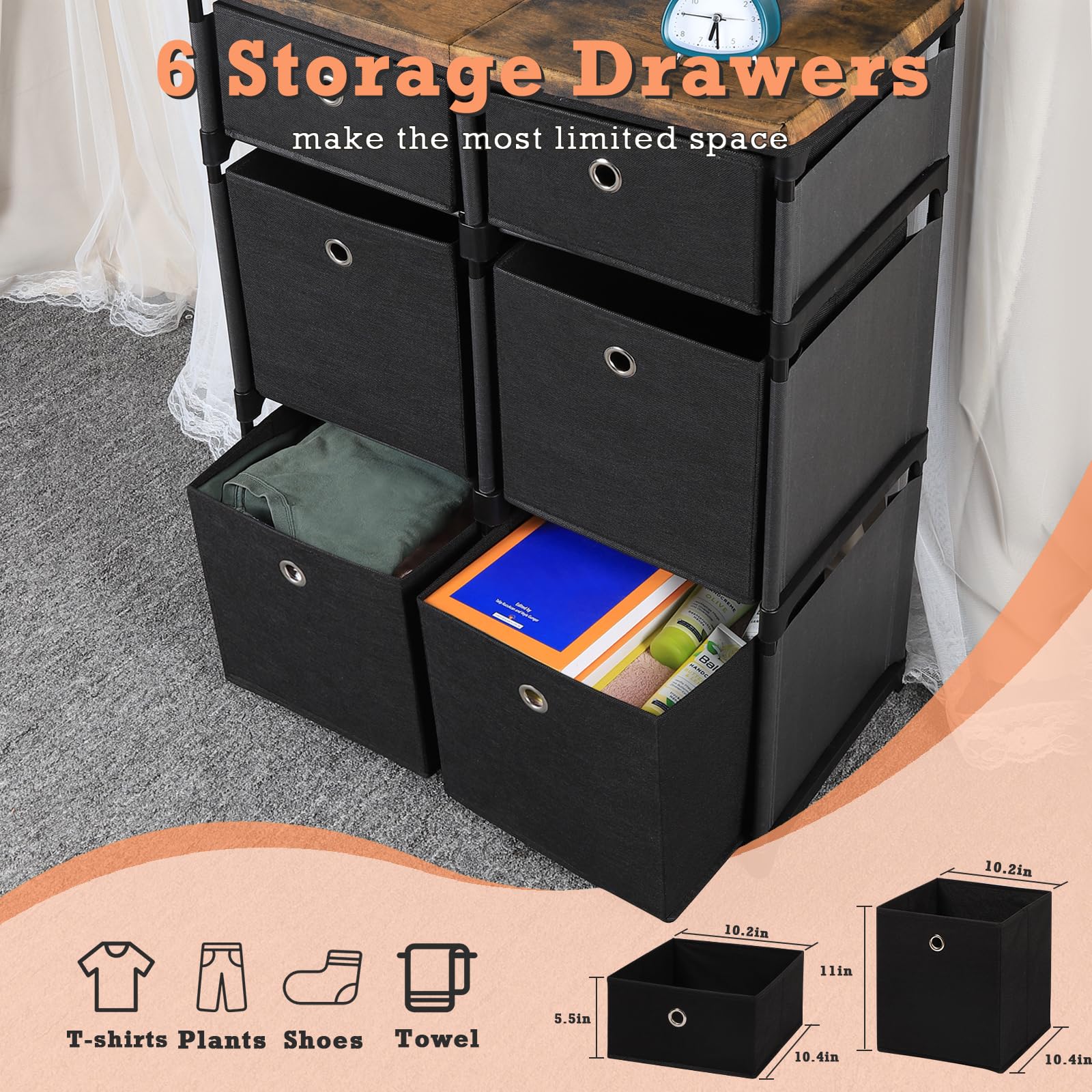 MOOACE 6 Drawers Storage Organizer, Fabric Storage Drawers Dresser and Chest of Drawers, Small Dresser Cube Storage Shelf for Closets Living Room Hallway Entryway, Black