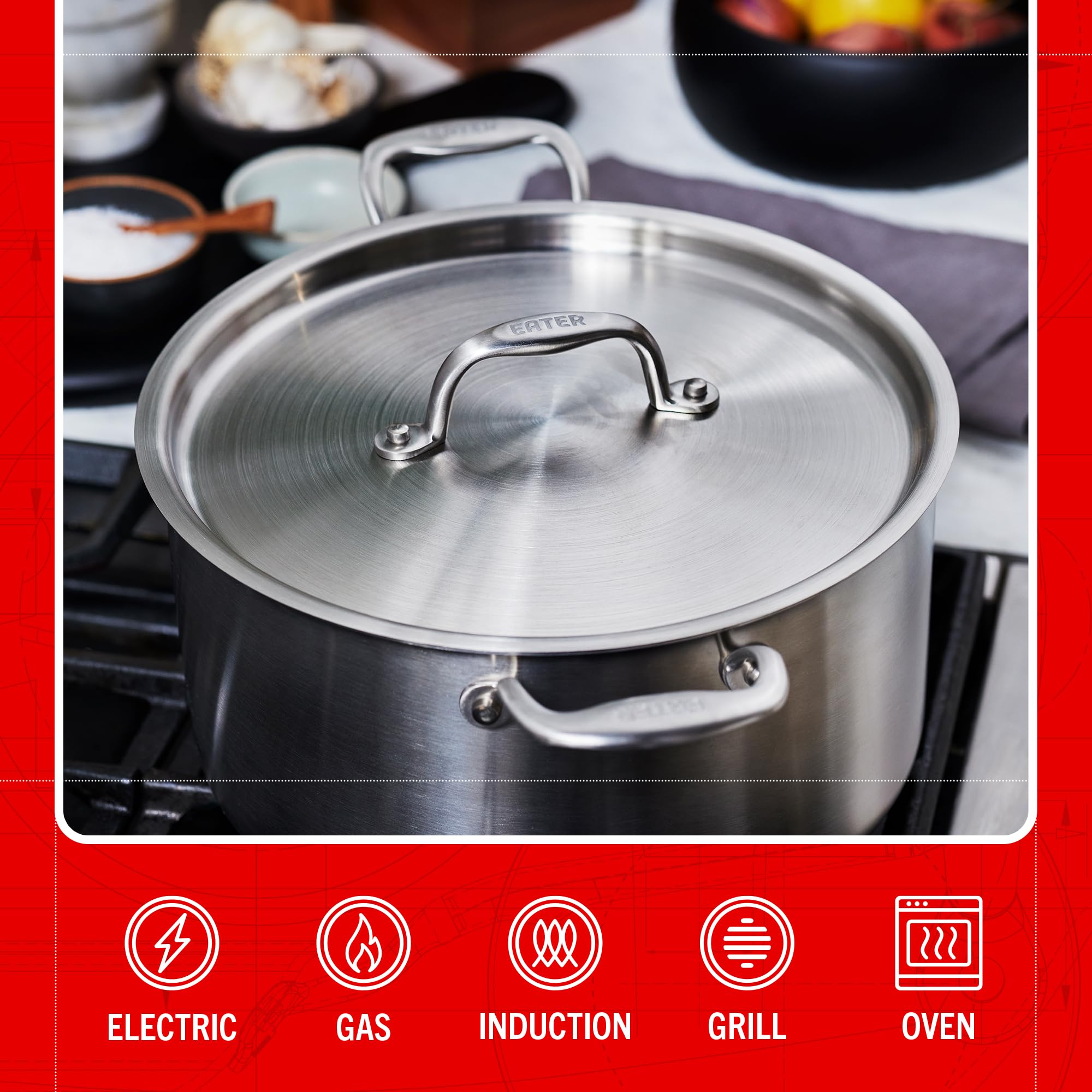 Heritage Steel x Eater 8 Quart Stock Pot | Made in USA | 5-Ply Fully Clad Stainless Steel Stock Pot | Stay Cool Handle Design | Induction Pot | Non-Toxic Stock Pot with Lid | Cook like an Eater